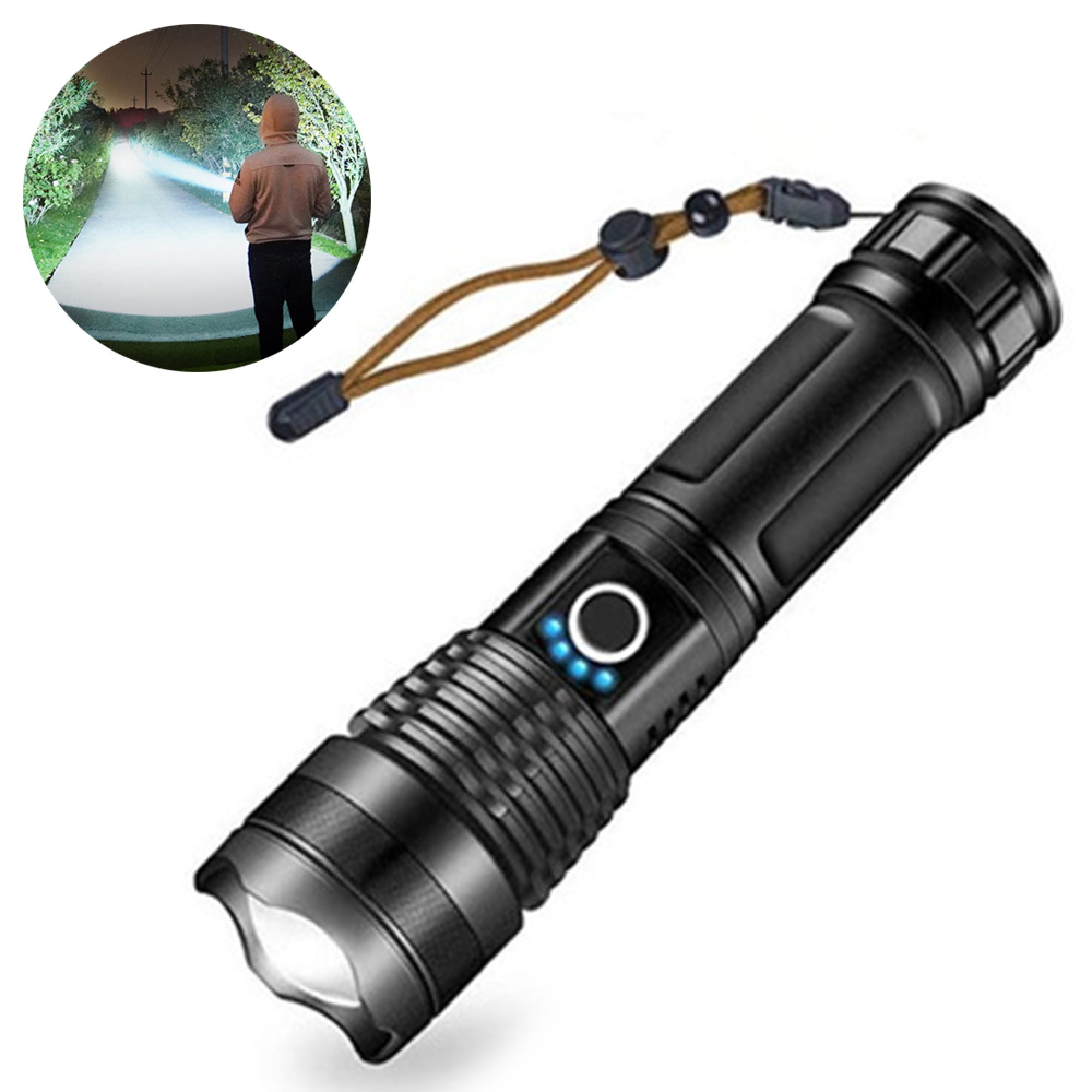Schwarze Taschenlampe mit Lanyard und blauen Ladeanzeigen.