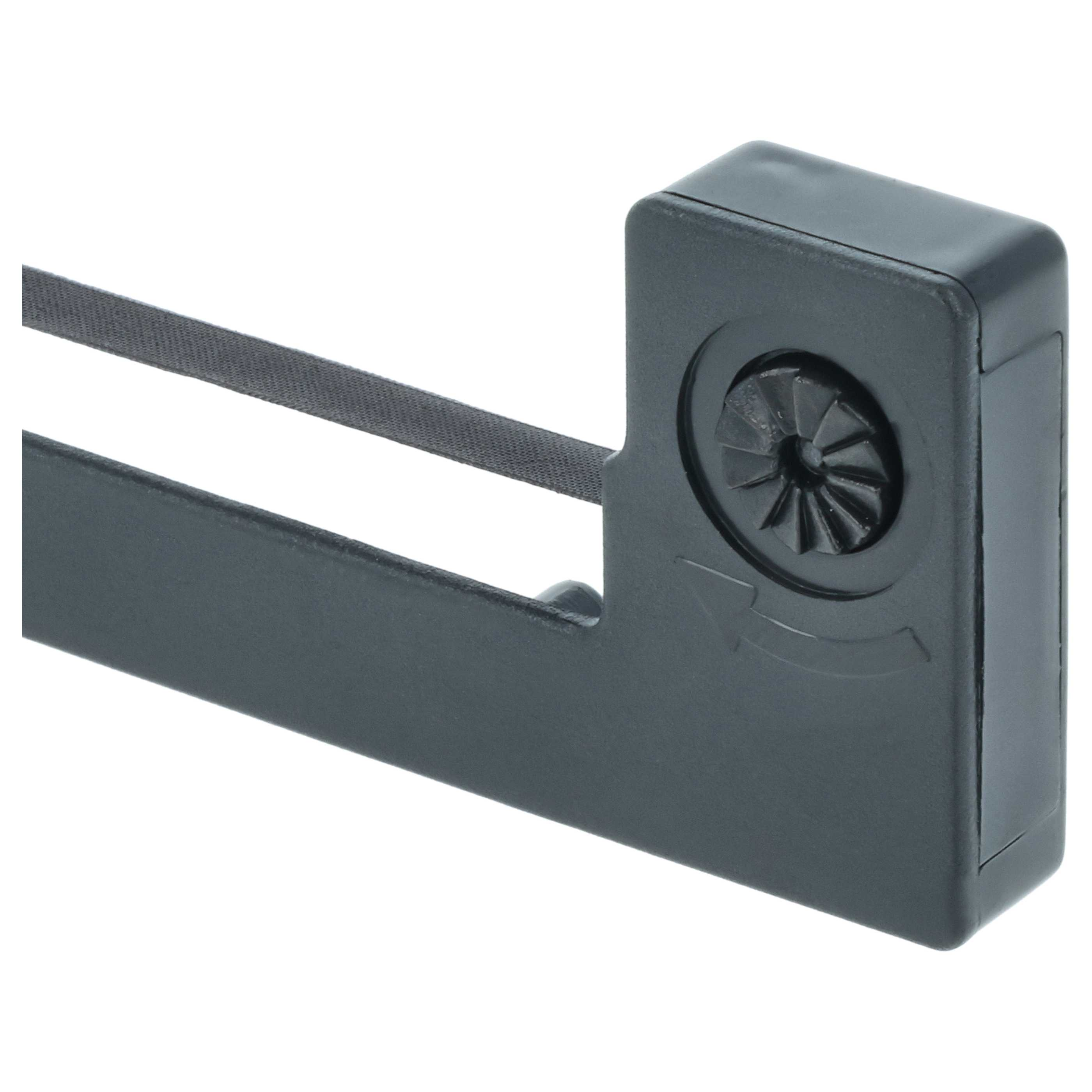 Schwarzes Farbbandkassette mit einem sichtbaren Band, das sich nach links erstreckt.