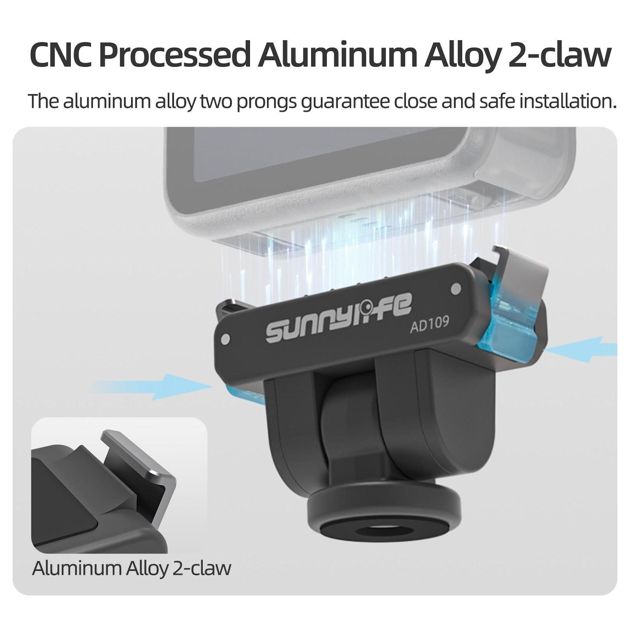CNC-gefräster Aluminiumlegierungs-2-Klauen-Adapter mit blauen Pfeilen.