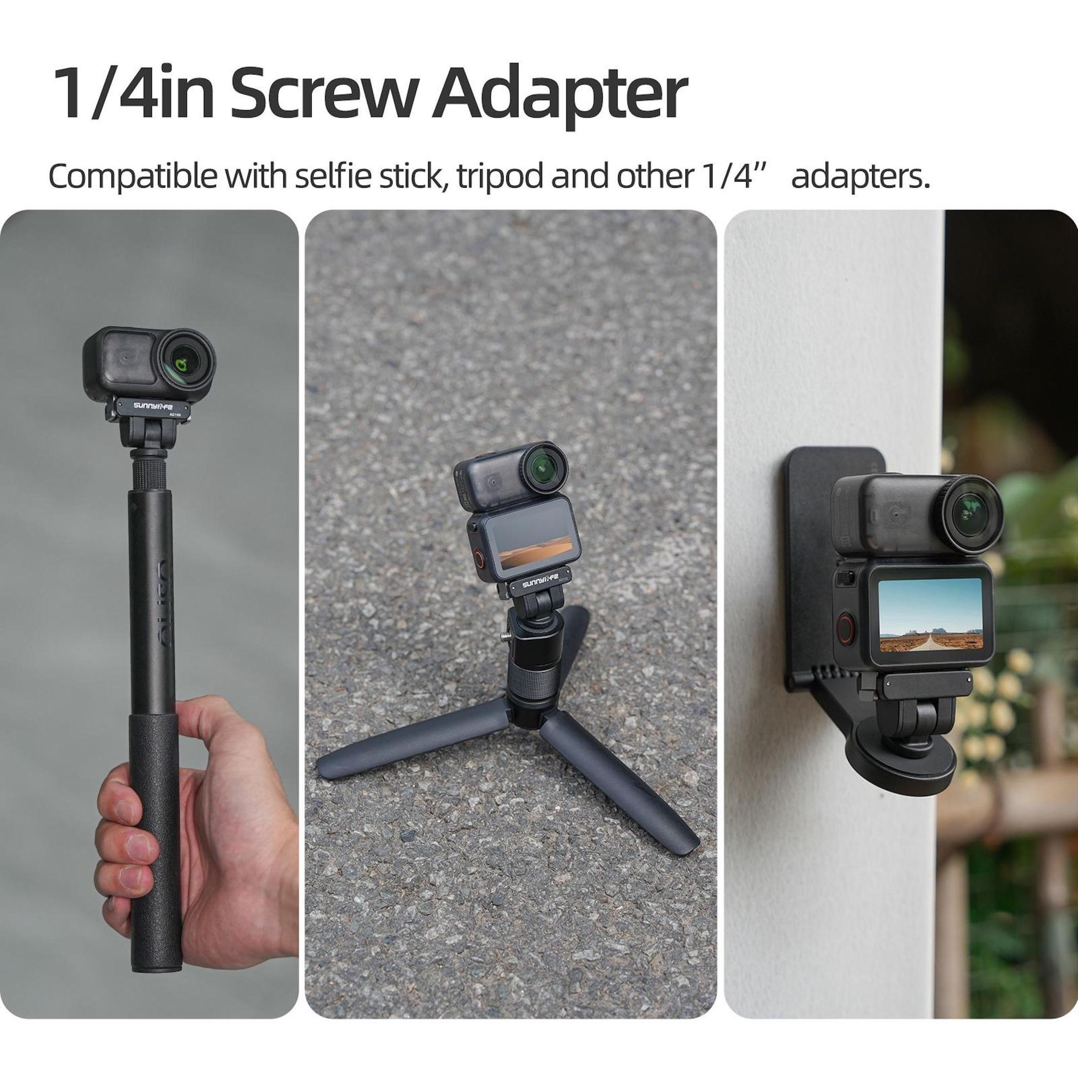 Ein 1/4-Zoll-Schraubadapter mit zwei Kameras, an einem Selfie-Stick, Stativ und Wandhalterung.