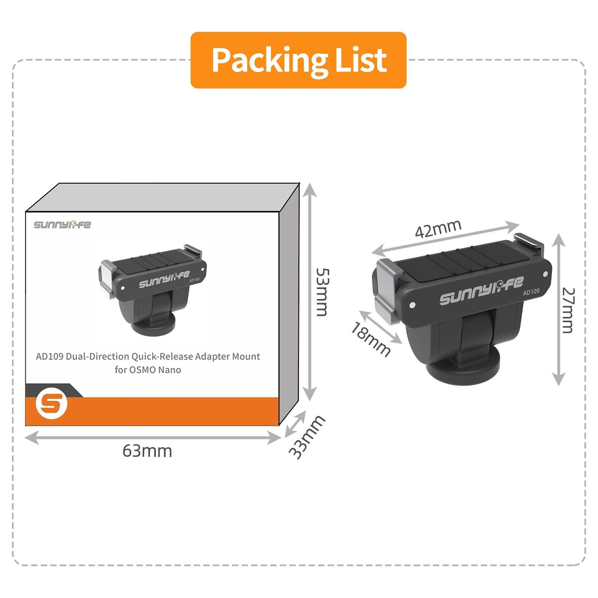 Schwarz-grauer Adapter für OSMO Nano mit Maßen.