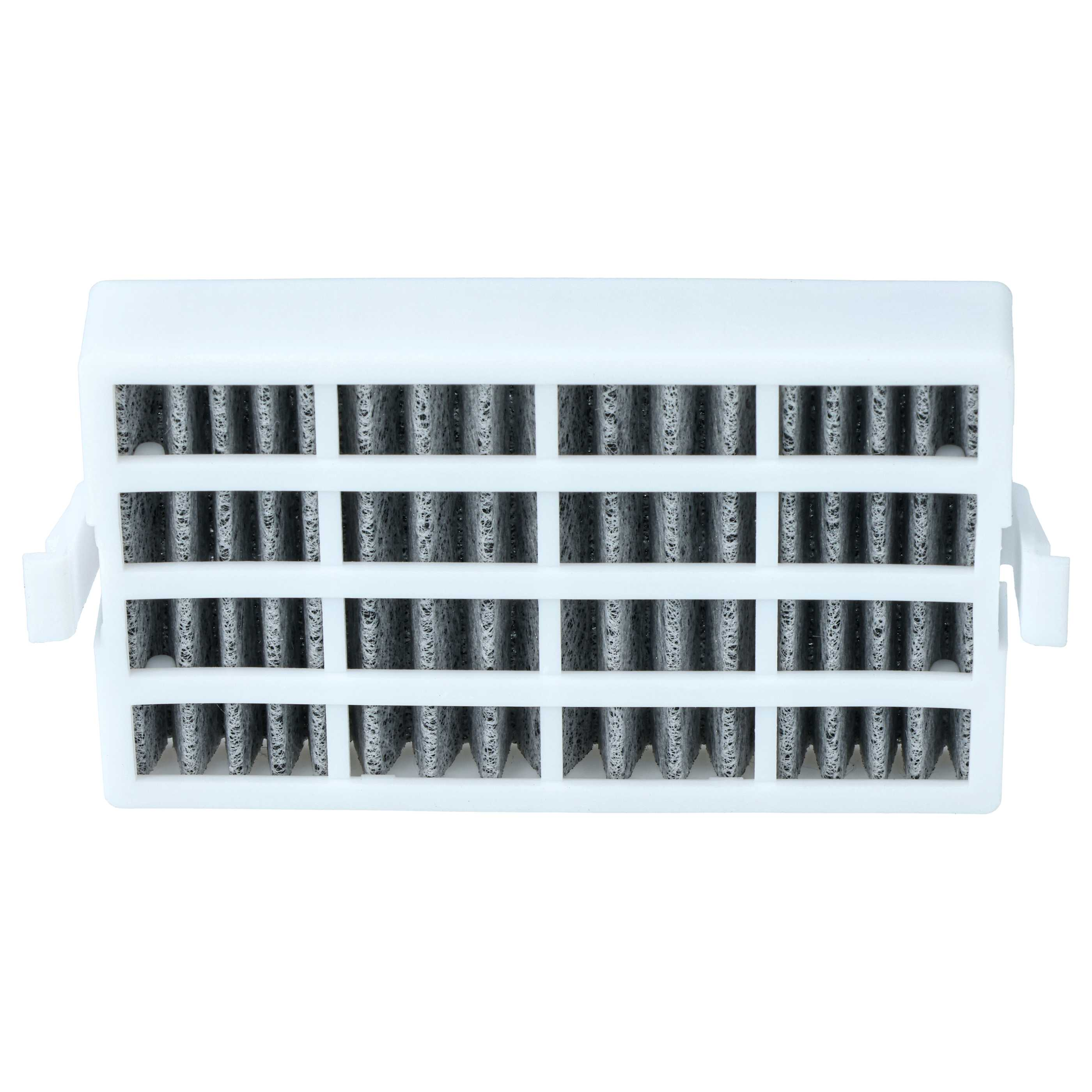 Ein weißer Luftfilter mit grauem Filtermedium in einem Gittermuster.