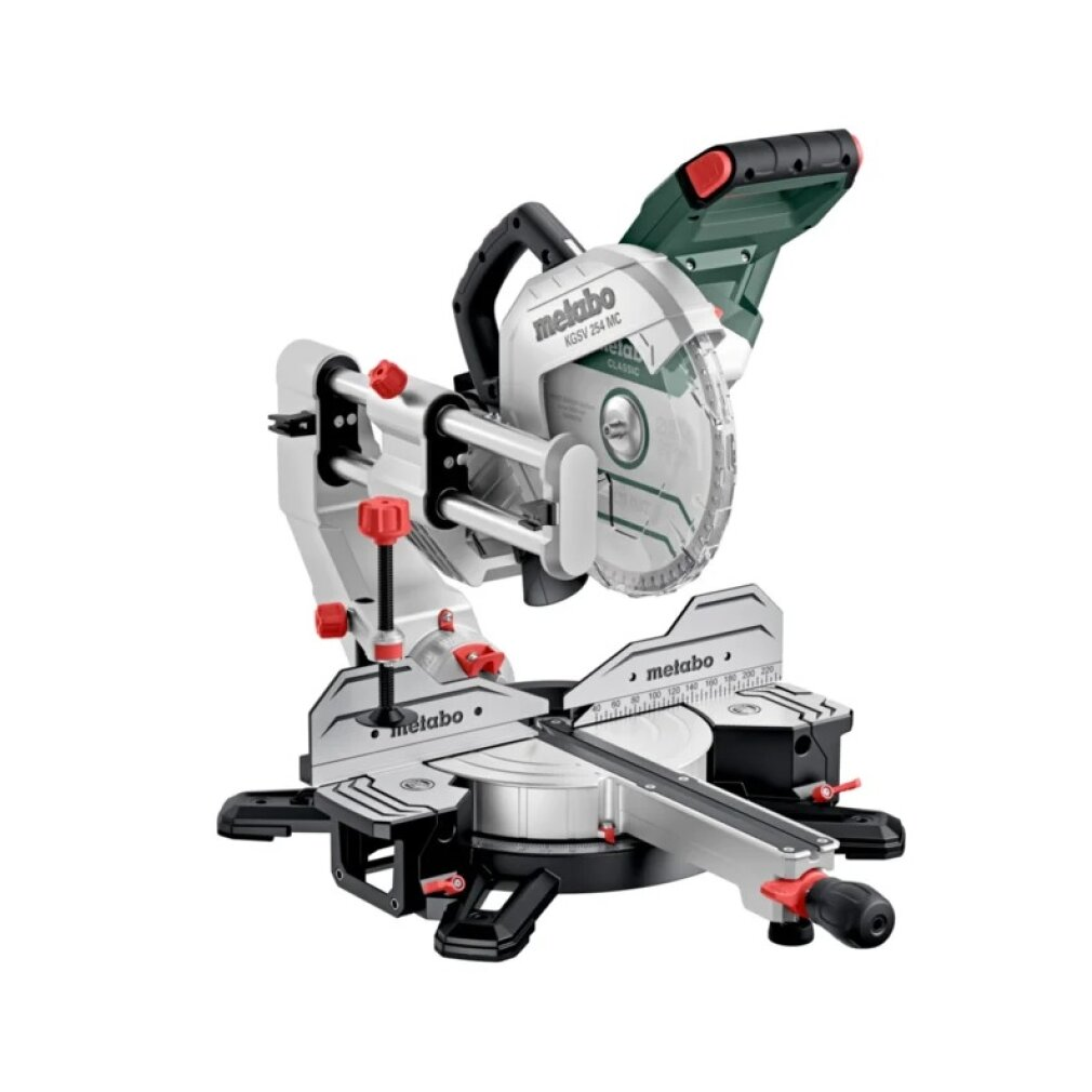 Eine Metabo KGSV 254 MC Gehrungssäge mit silbernem Schlitten, grünen Akzenten und roter Kappe.
