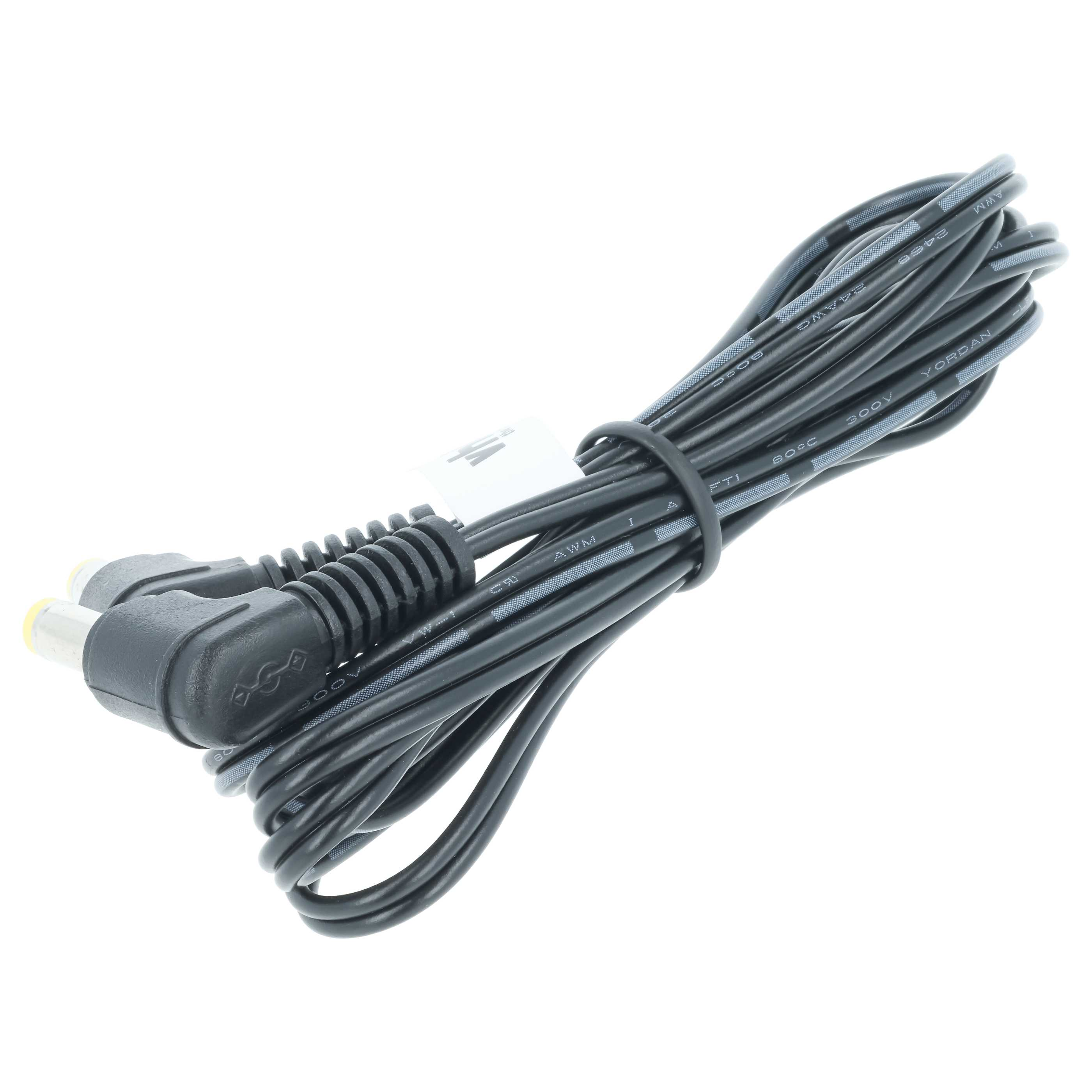 Ein schwarzes Kabel mit zwei gelben Steckern, das aufgerollt ist.