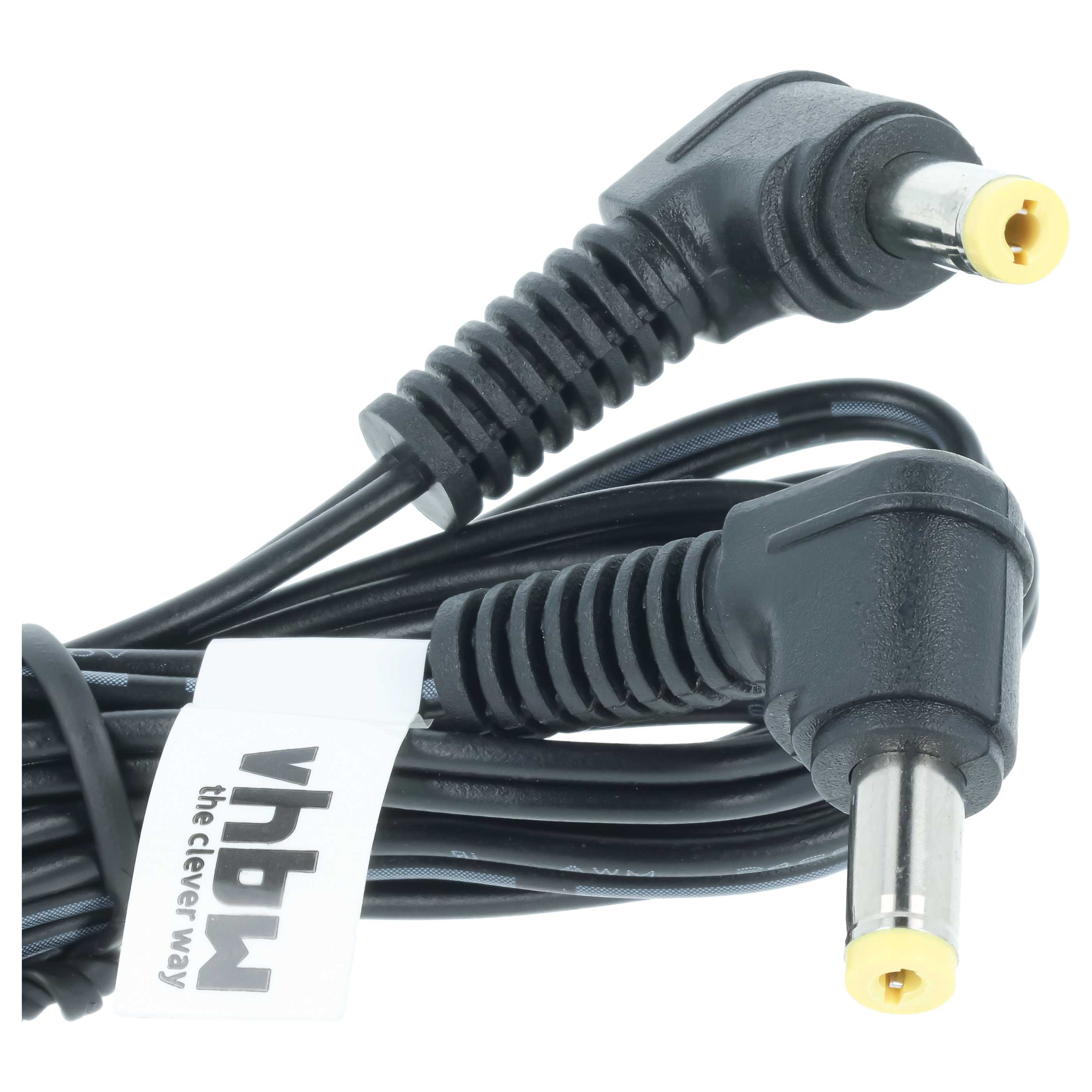Zwei schwarze Kabelstecker mit gelben Einsätzen und einem gewellten Schaft.