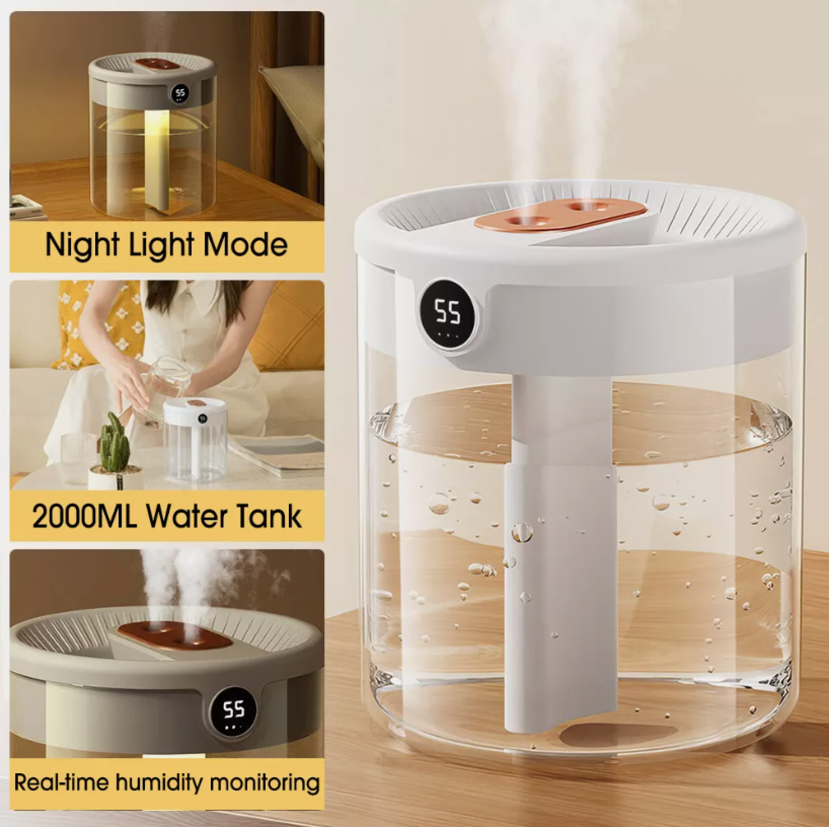 Ein großer Luftbefeuchter mit 2000ml Tank, Nachtlichtmodus und Feuchtigkeitsanzeige.