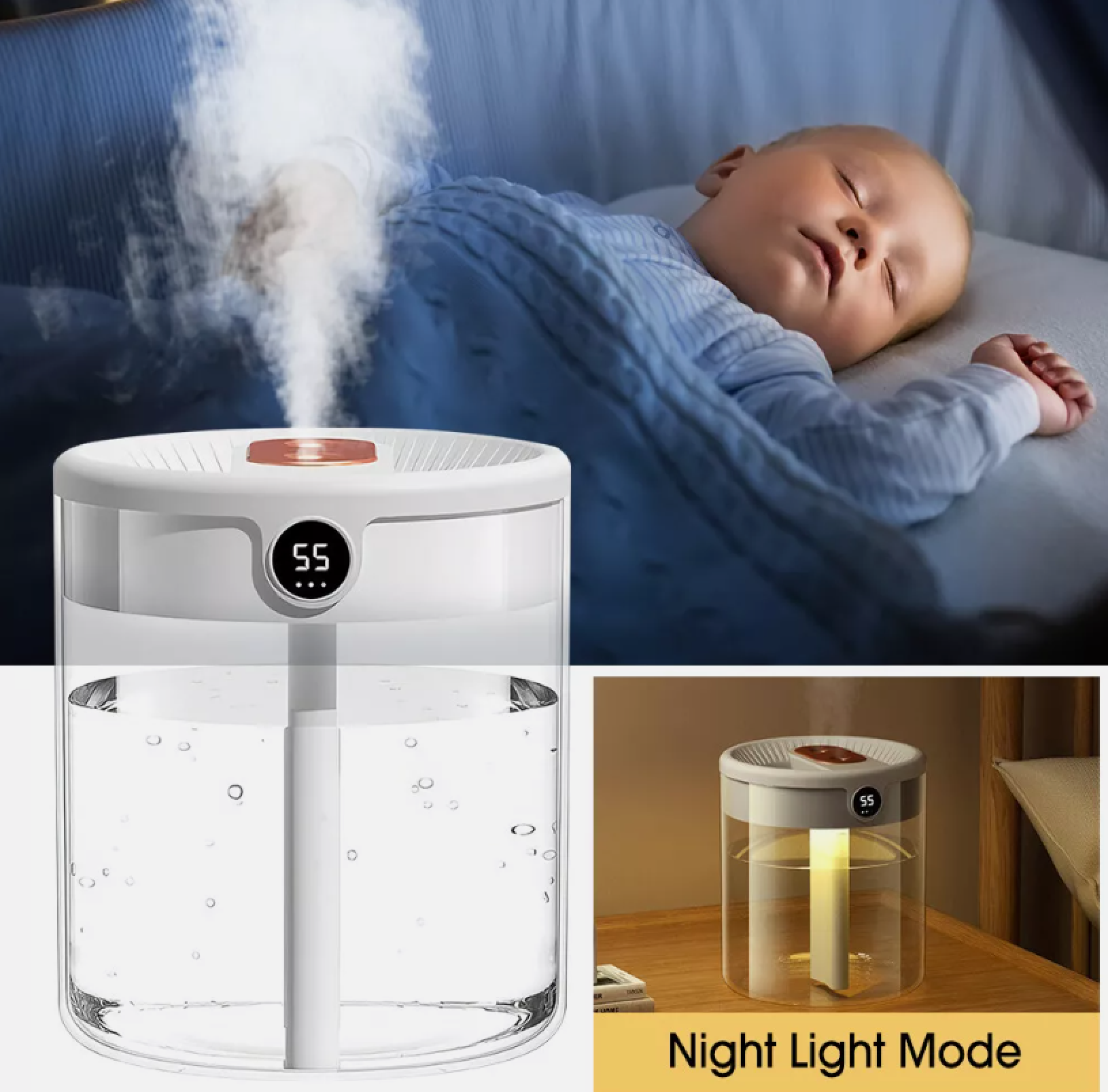 Ein Luftbefeuchter mit Nebel und Baby schläft friedlich im Hintergrund.