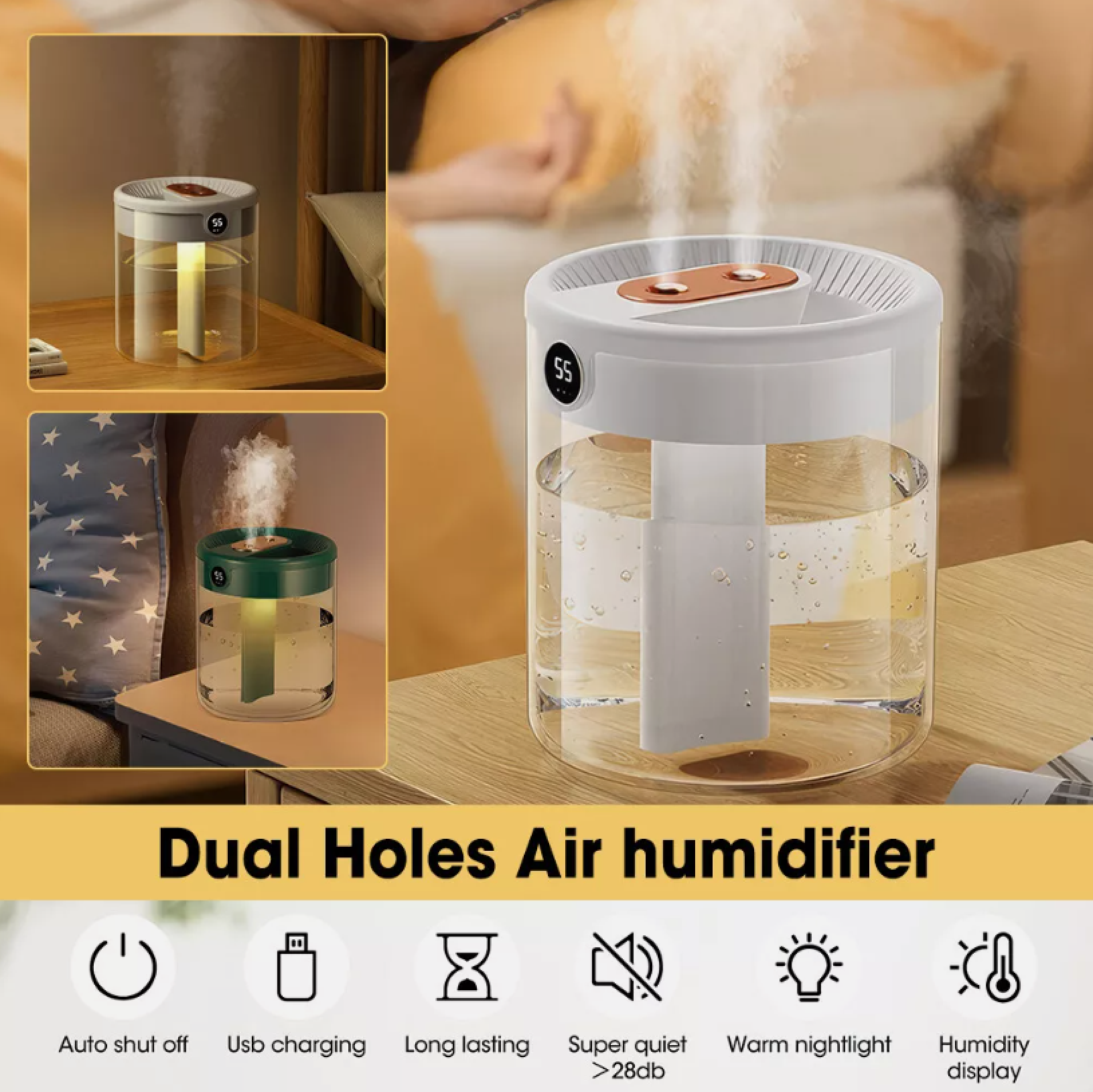 Ein klarer Luftbefeuchter mit weißem Deckel und digitaler Anzeige auf einem Holztisch.