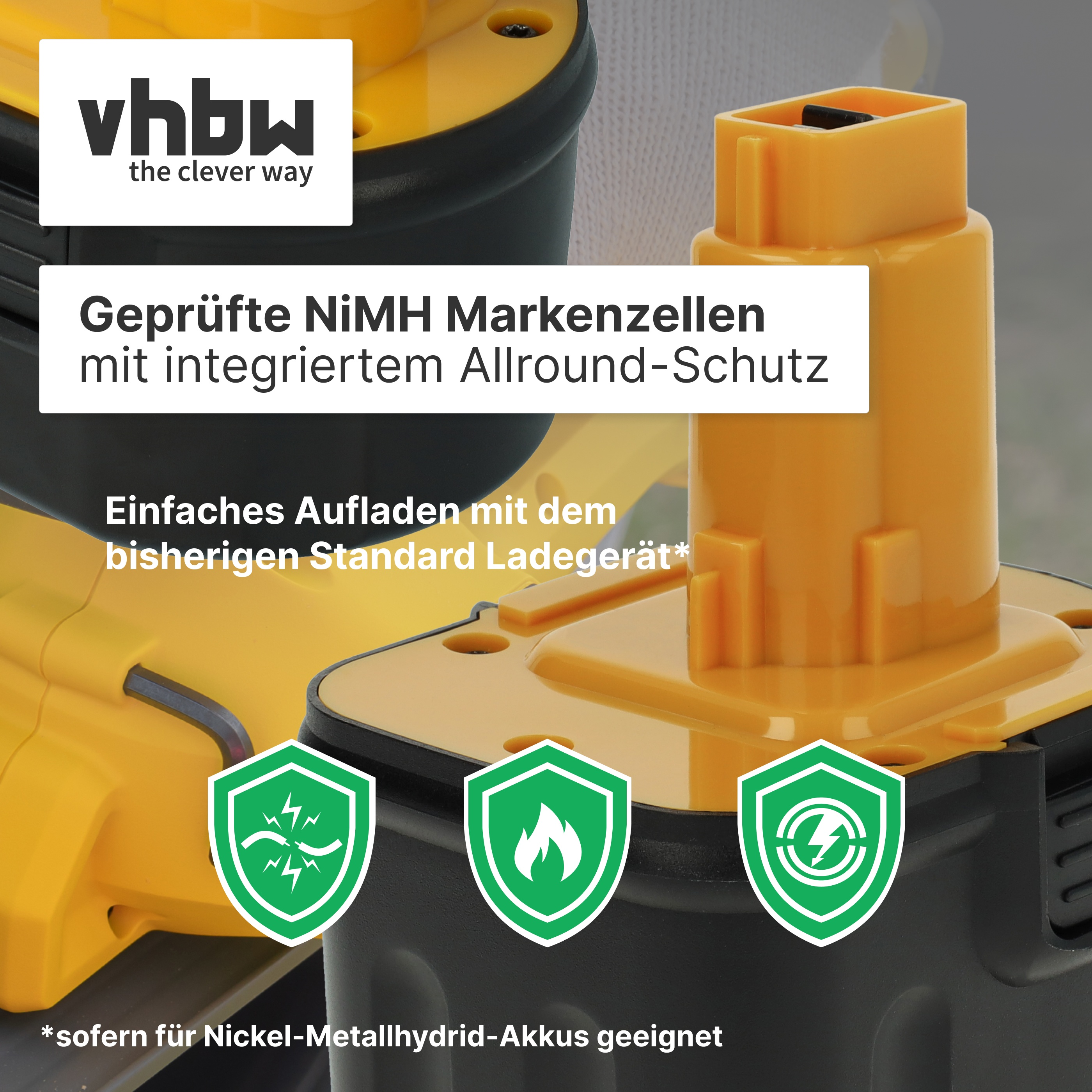 VhbW Logo über gelben Akkus. Geprüfte NiMH Markenzellen mit Allround-Schutz.