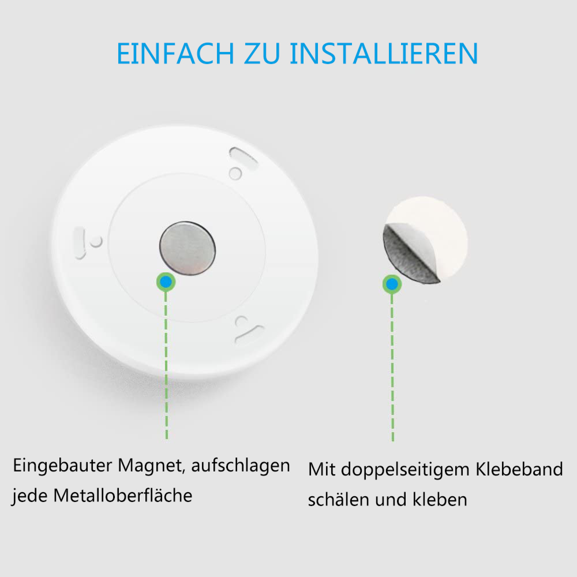 Zwei weiße runde Gegenstände mit Magnet und Klebeband. Einfach zu installieren.