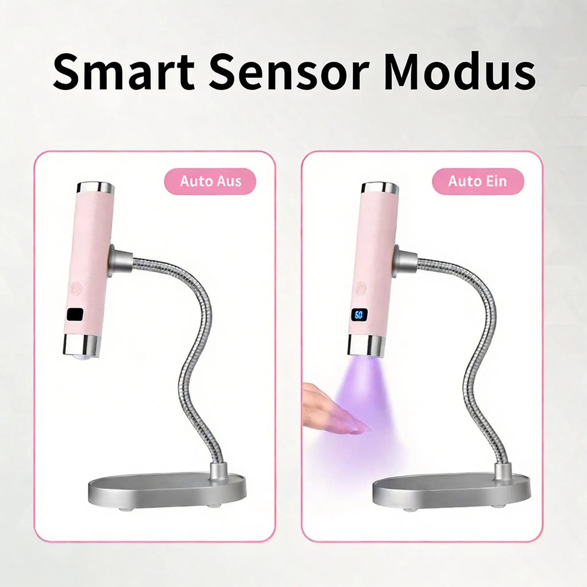 Ein rosa UV-Nagellampen-Display zeigt Auto Aus und Auto Ein mit einer Hand unter dem UV-Licht.