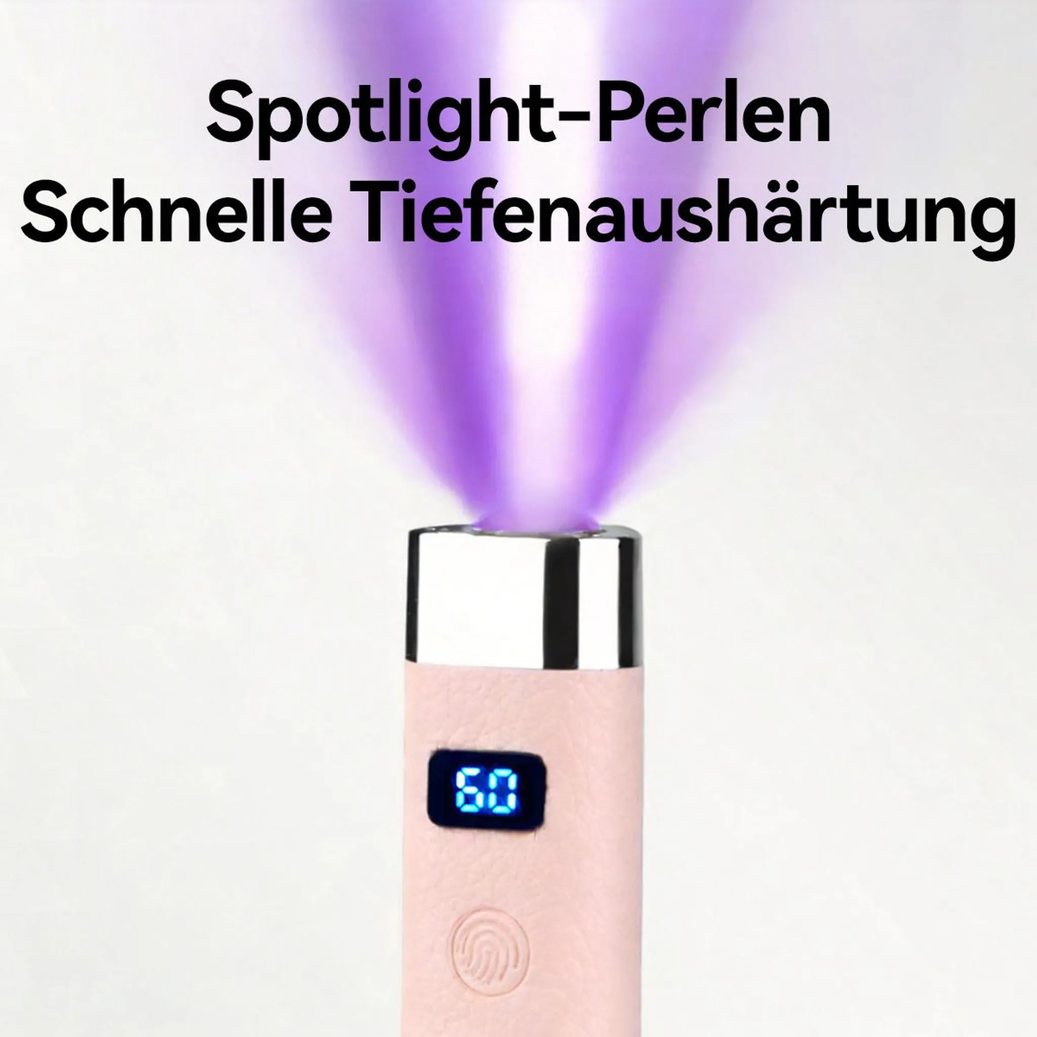 Ein rosafarbener UV-Nagellampenkopf mit blauem Display und violetter Strahlung.