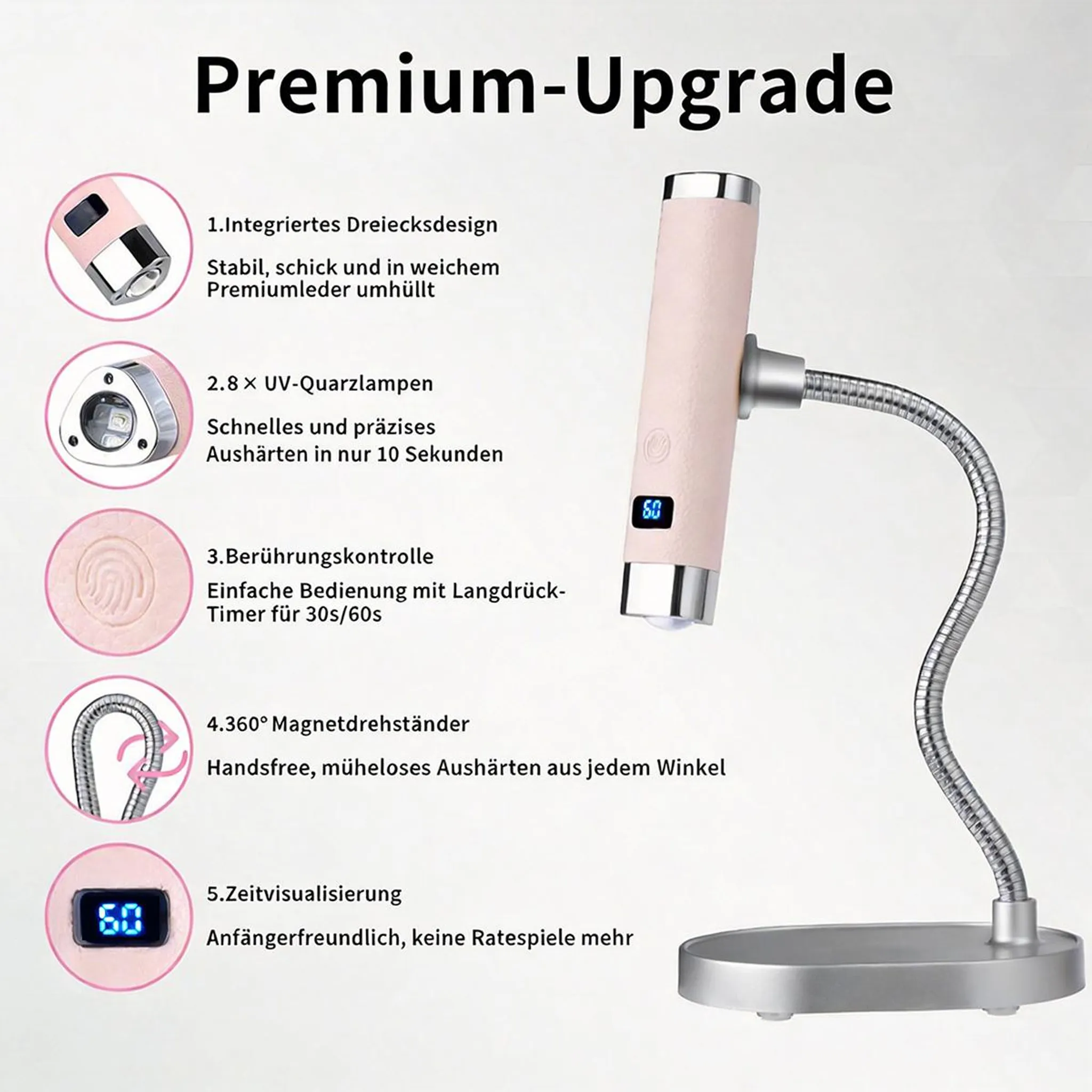 Premium-Upgrade: Rosa UV-Lampe mit digitaler Anzeige und flexiblem Arm auf silbernem Sockel.
