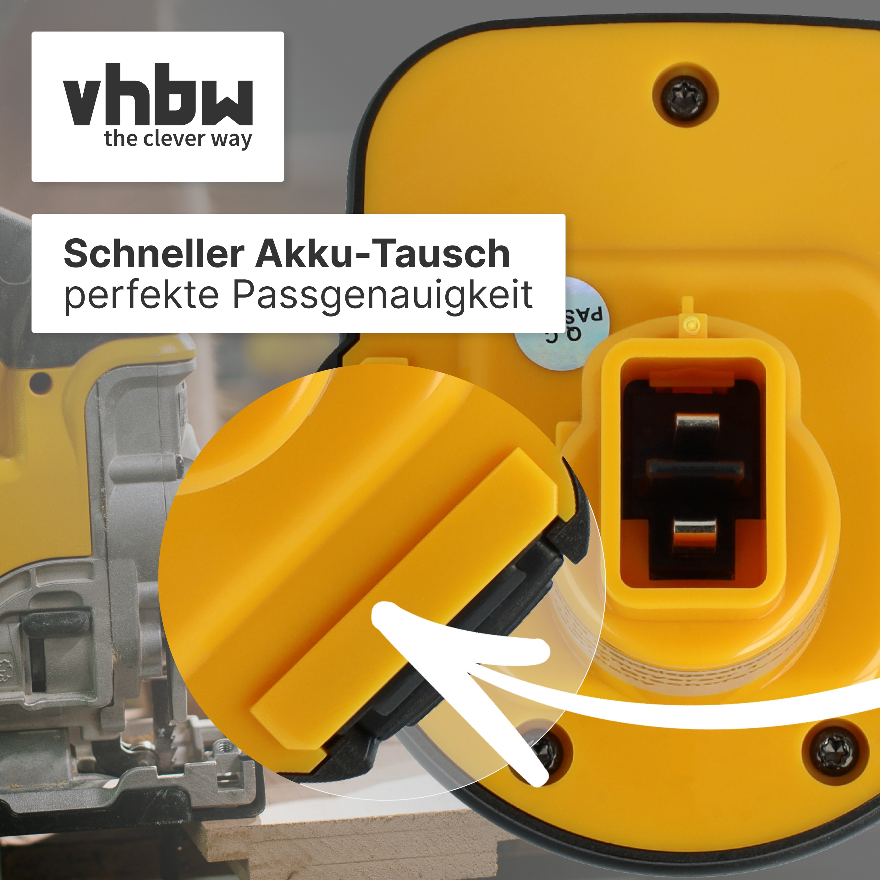 Gelber Akku mit schwarzen Anschlüssen, daneben Werkzeug.