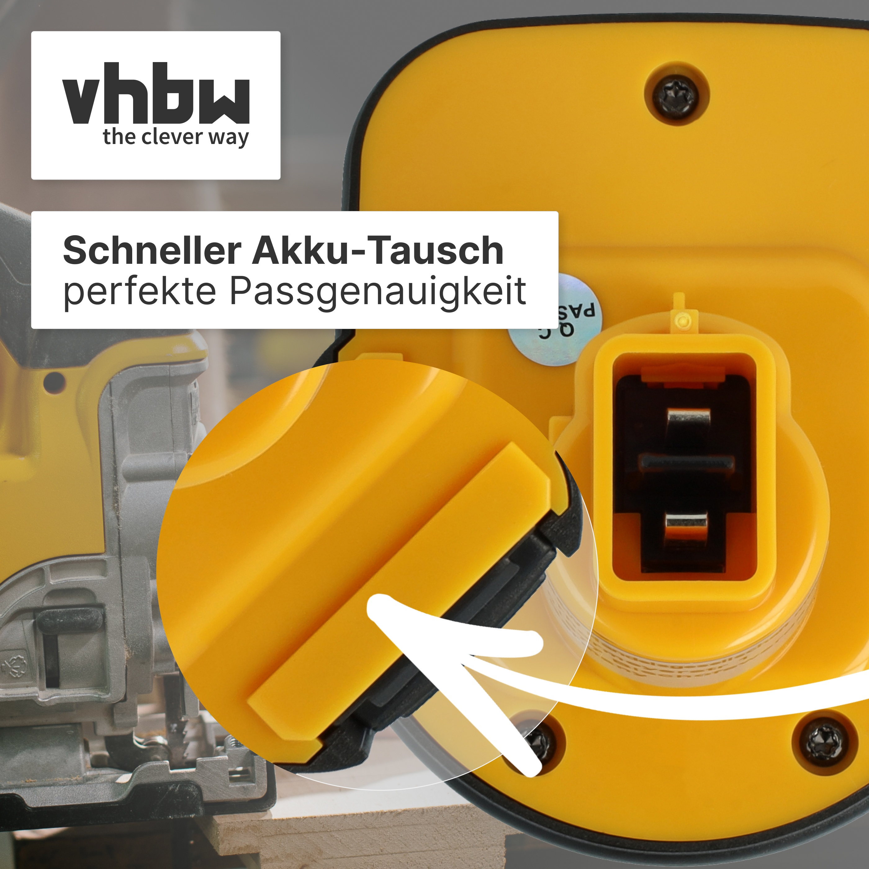Gelber Akku mit schwarzem Anschluss und Werkzeug im Hintergrund.