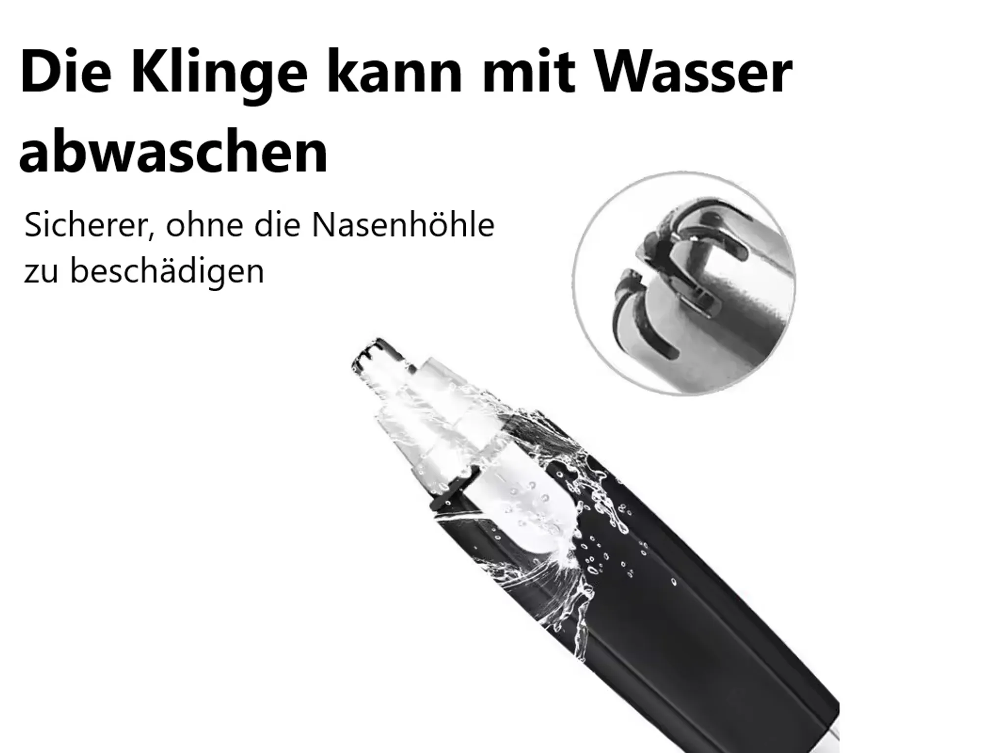Ein schwarzer Nasenhaartrimmer wird unter fließendem Wasser gezeigt.