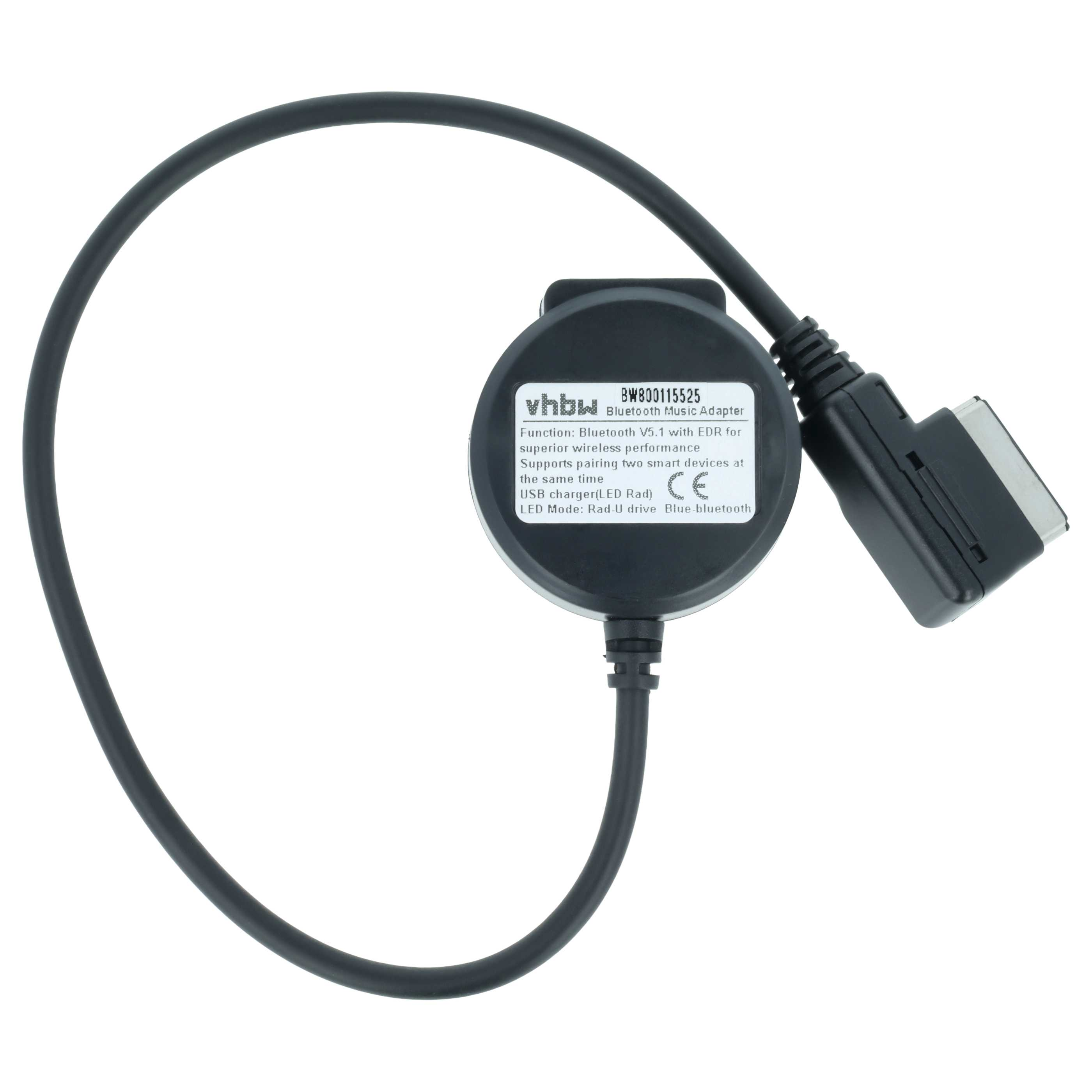 Ein schwarzer Bluetooth-Musikadapter mit Kabel und Stecker, Modell BW800115525.