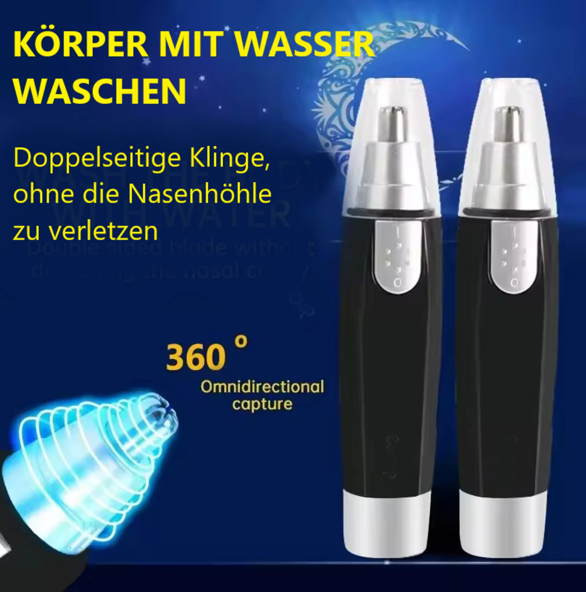 Zwei schwarze Nasenhaartrimmer mit silbernen Spitzen auf blauem Hintergrund.