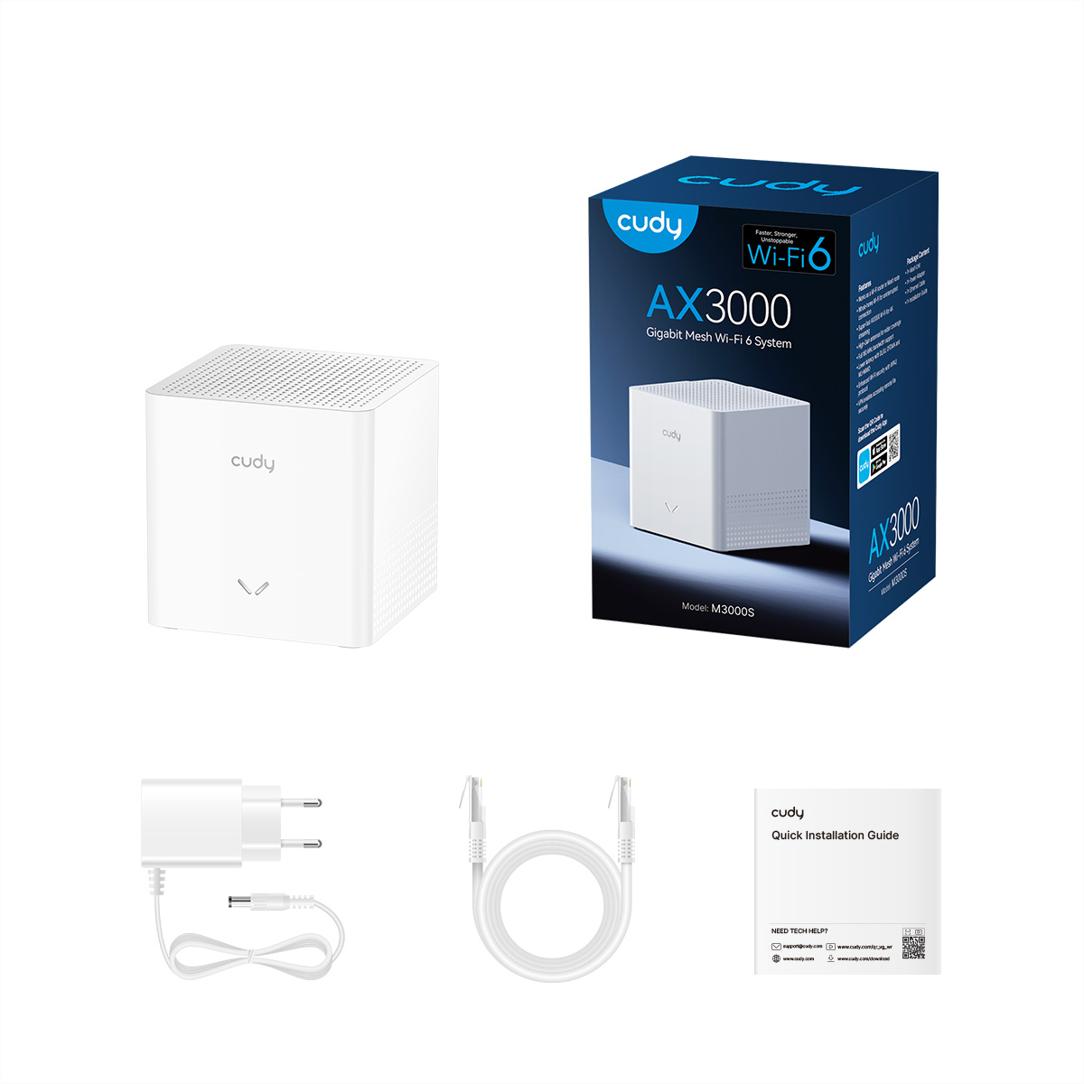 Ein weißer Cudy AX3000 Mesh Wi-Fi 6 Router mit Verpackung, Netzteil und Kabel.