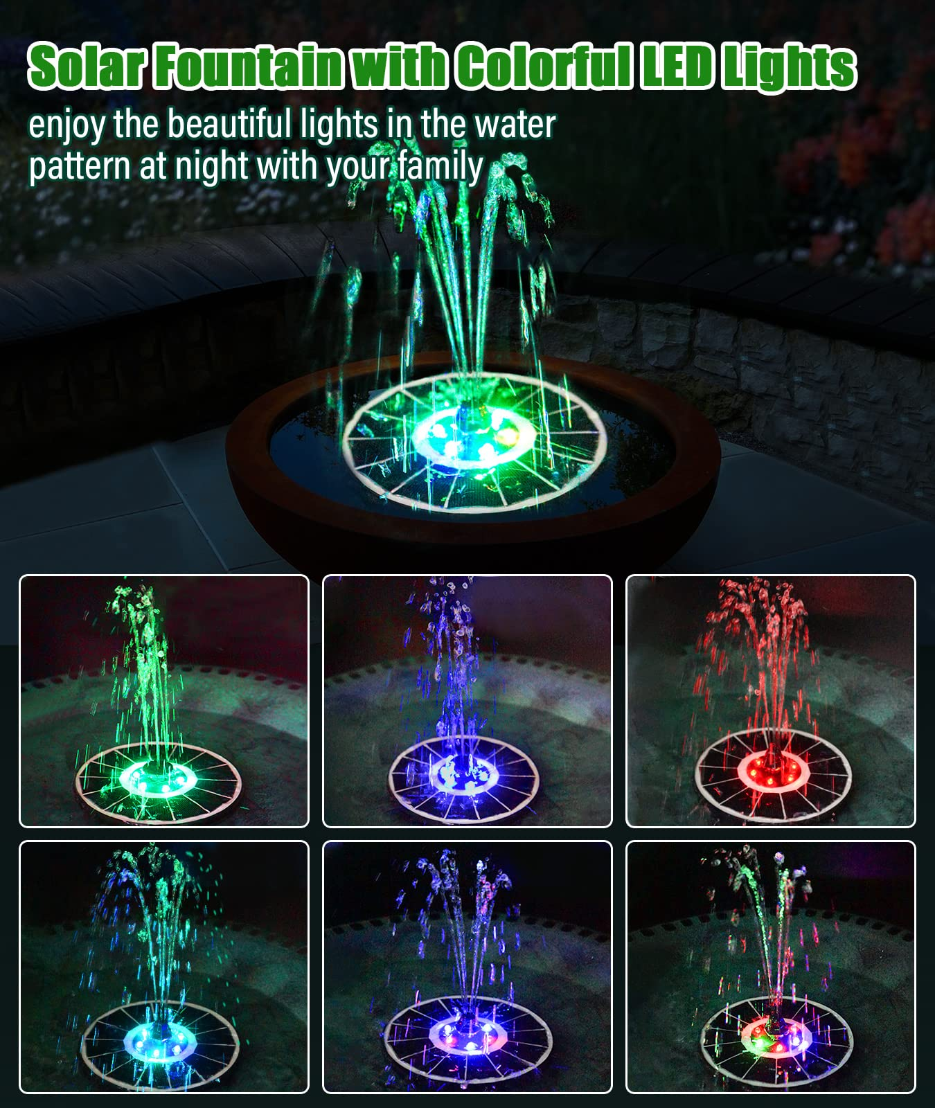 Ein Solarbrunnen versprüht buntes Wasser, beleuchtet von LEDs.
