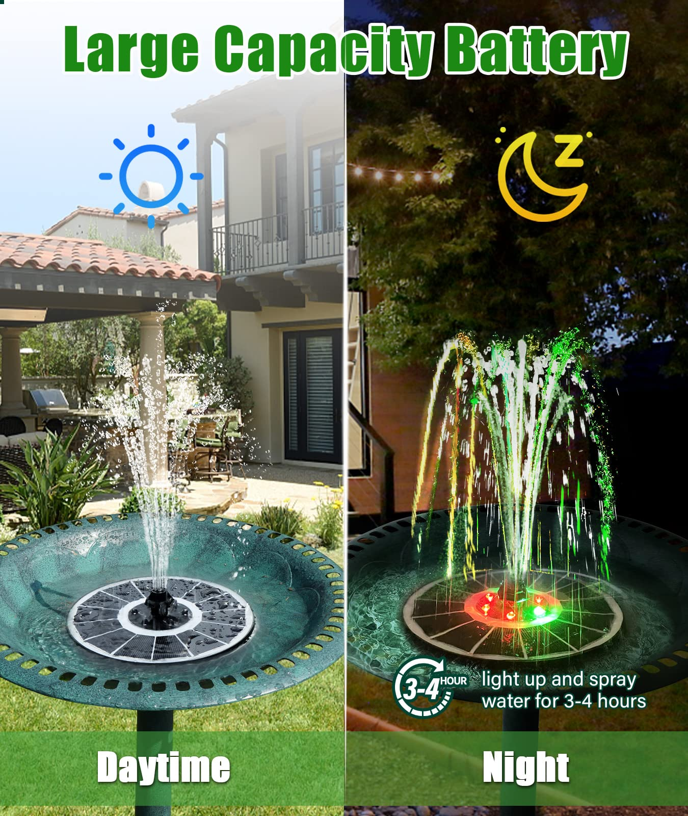 Ein Solarbrunnen mit Wasserspiel bei Tag und Nacht, beleuchtet.