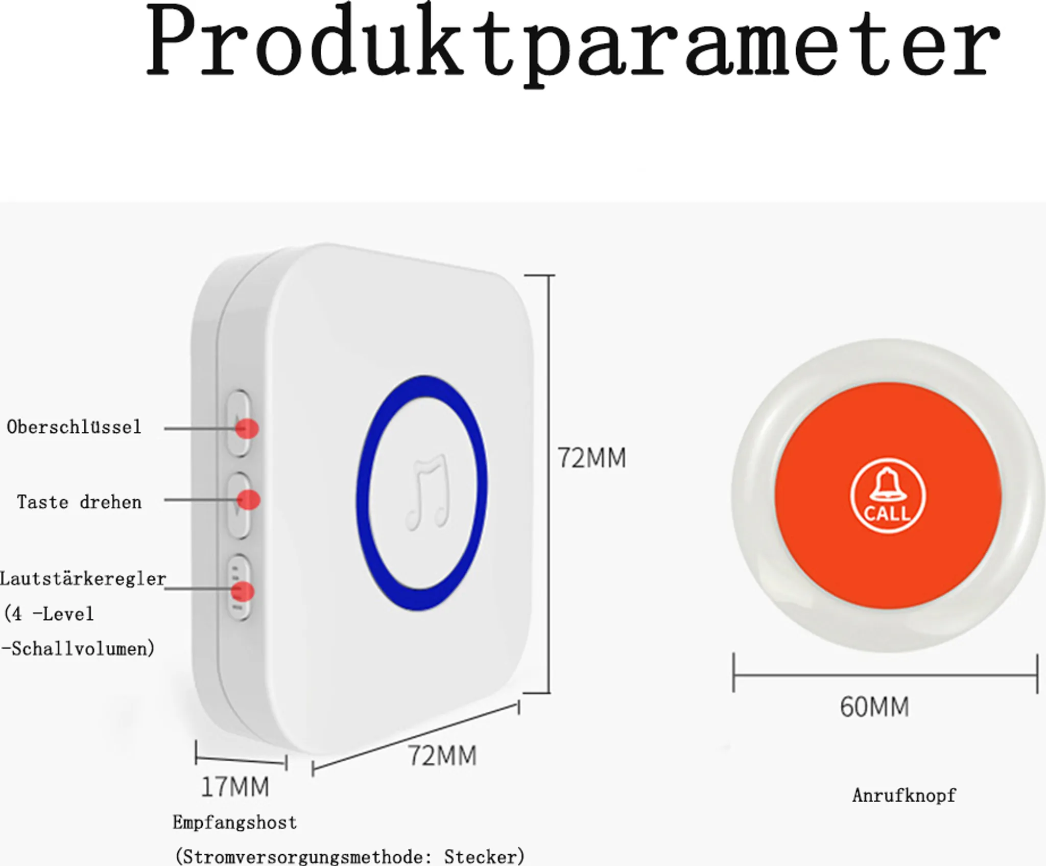 Produktparameter: Weißer Funksender (72x72x17mm) mit Notruftaste (60mm).