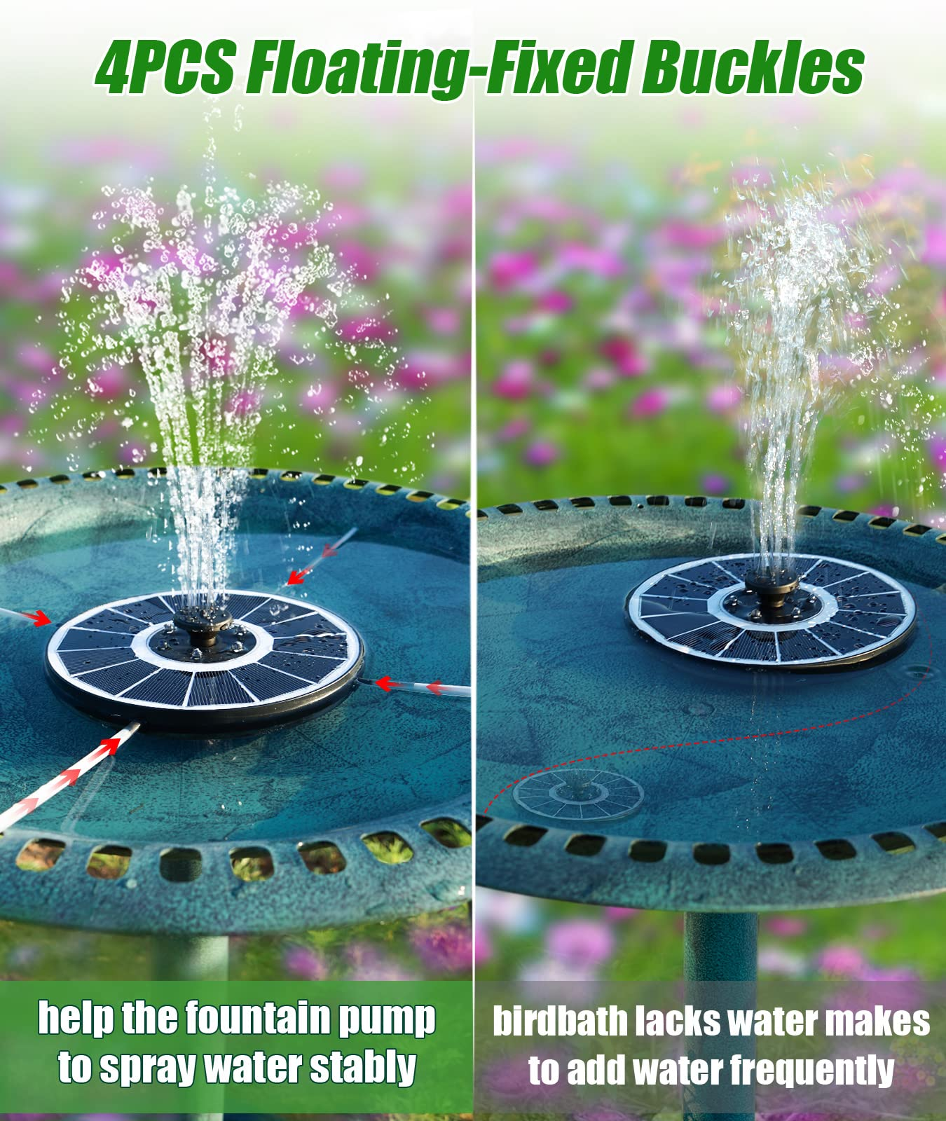 Solarbetriebener Springbrunnen in einem Vogelbad mit Wassersprühstrahl und Blumen im Hintergrund.