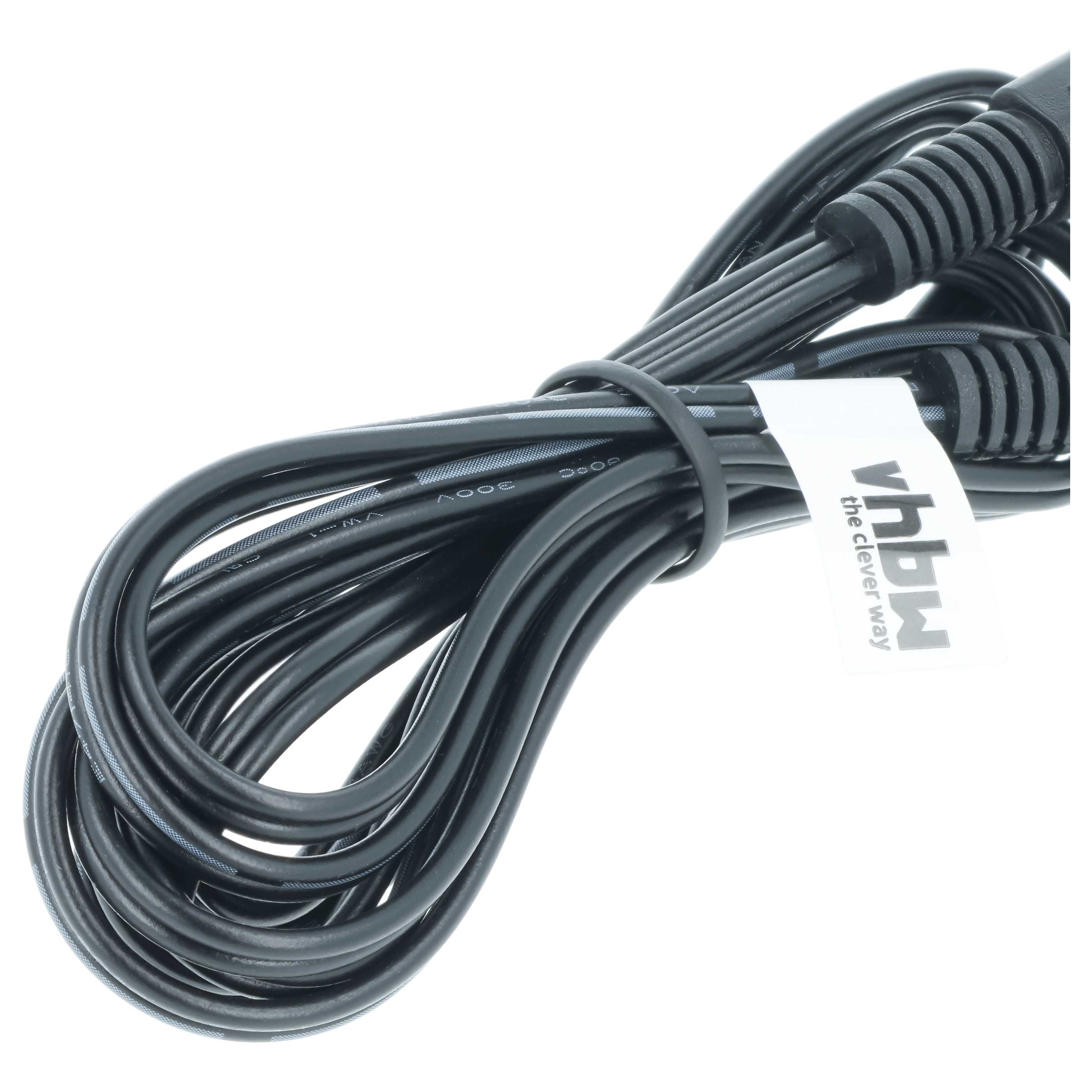 Schwarzes, aufgewickeltes Kabel mit weißem Etikett und Markierungen.