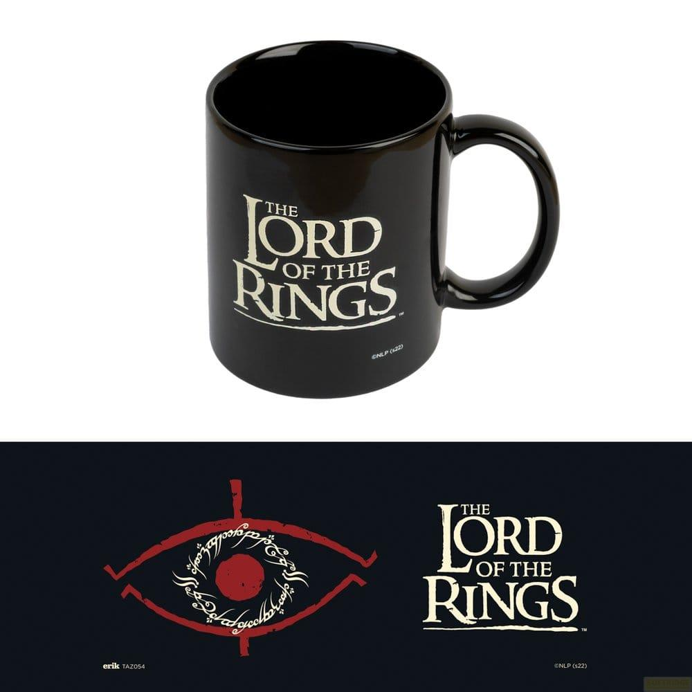 Schwarze Tasse mit "Der Herr der Ringe"-Logo und Symbol.
