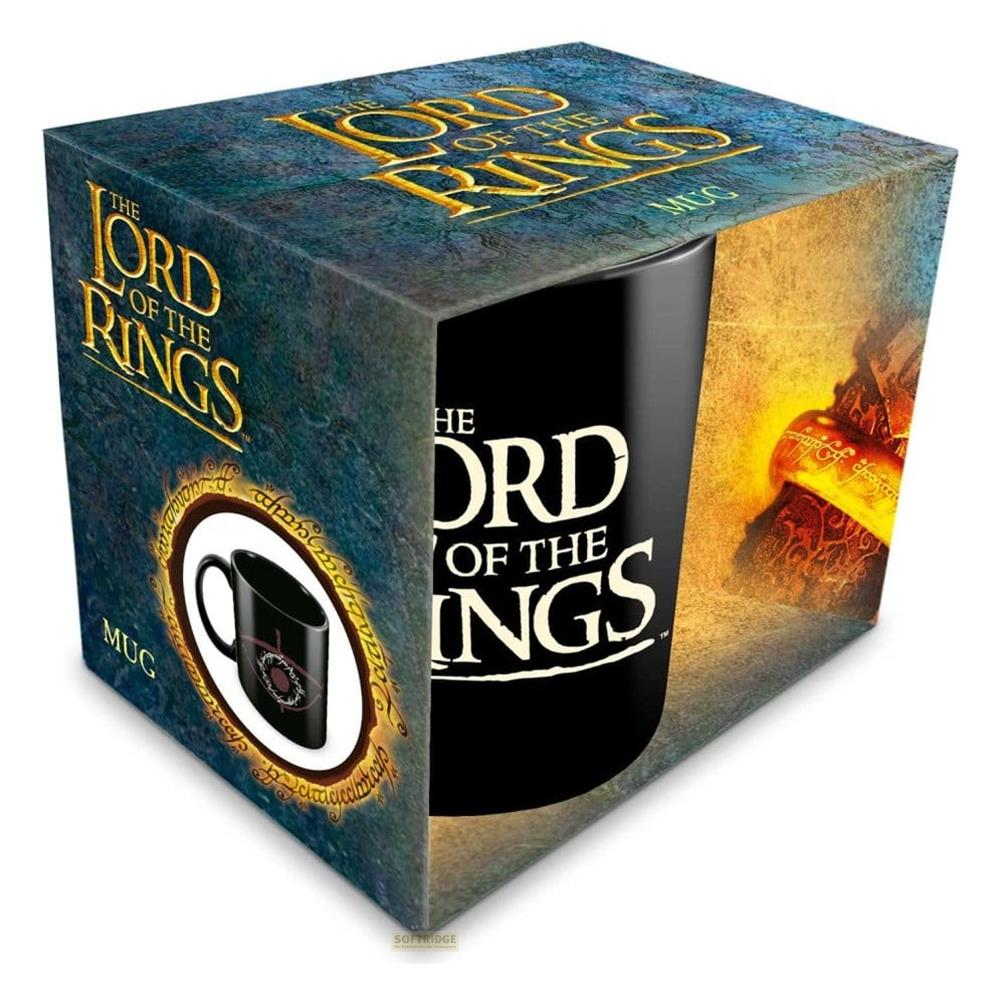 Herr der Ringe Tassenbox mit schwarzer Tasse und goldenem Ringbild.