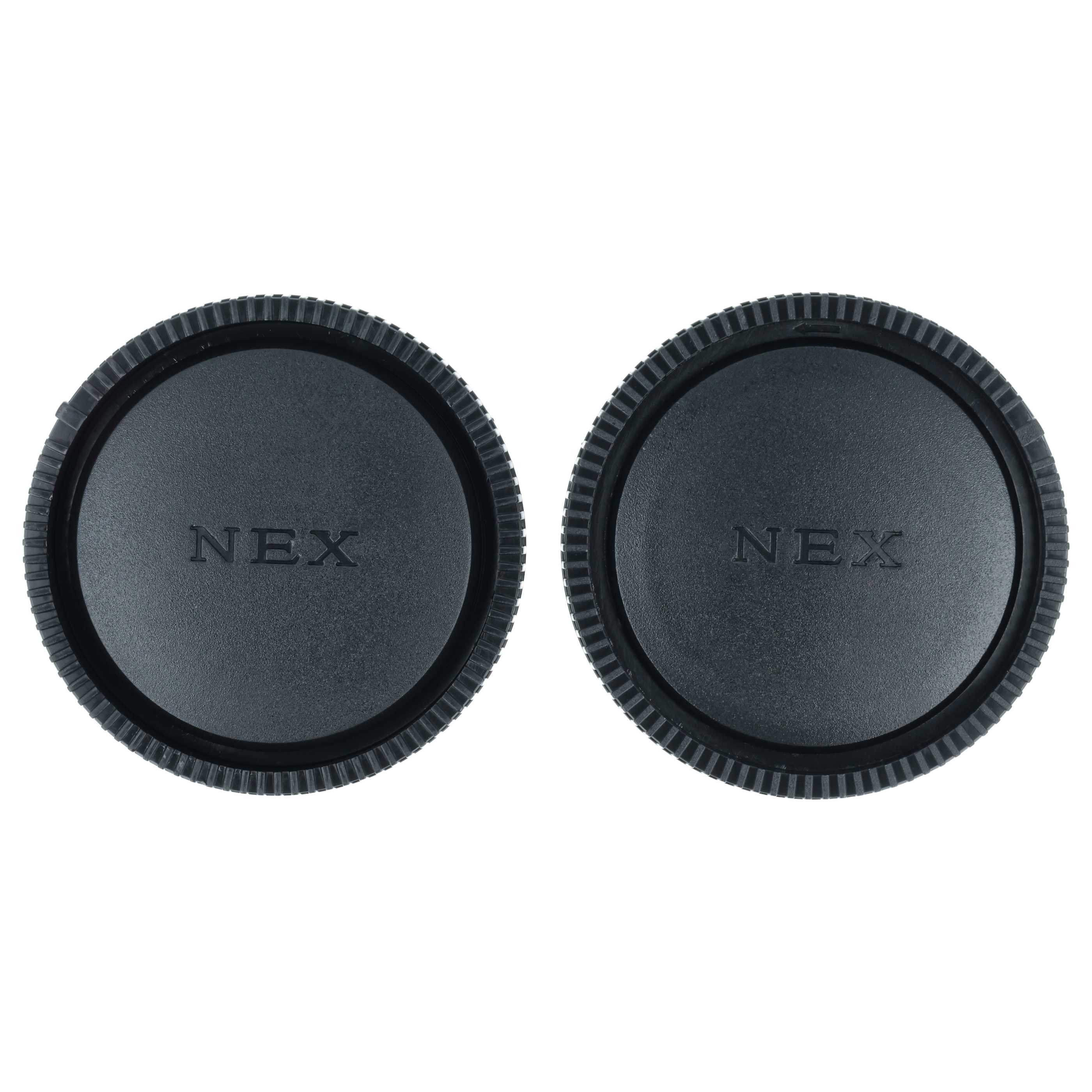 Zwei schwarze NEX Objektivdeckel nebeneinander auf weißem Hintergrund.