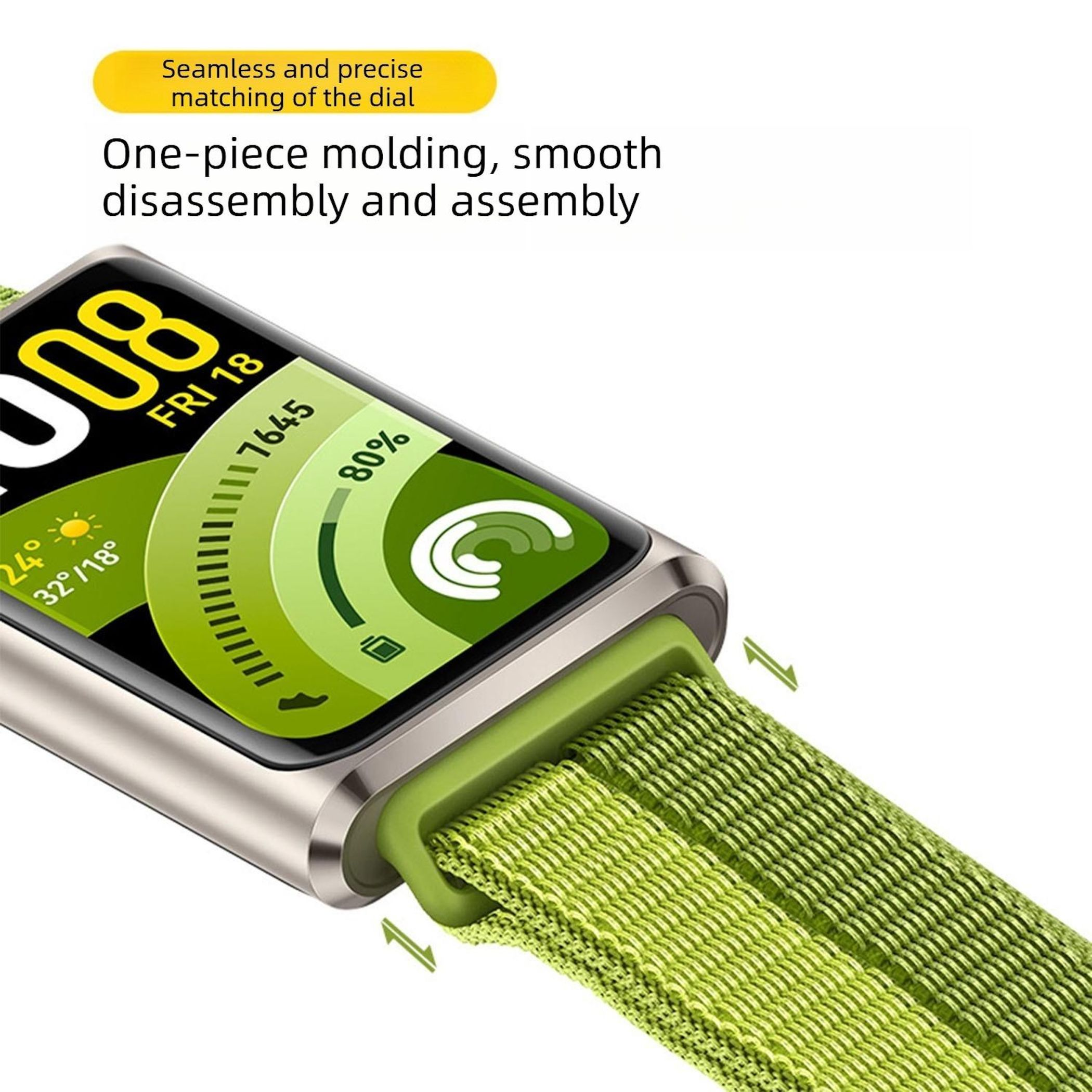 Nahaufnahme einer Smartwatch mit grünem Armband und hellem Display.