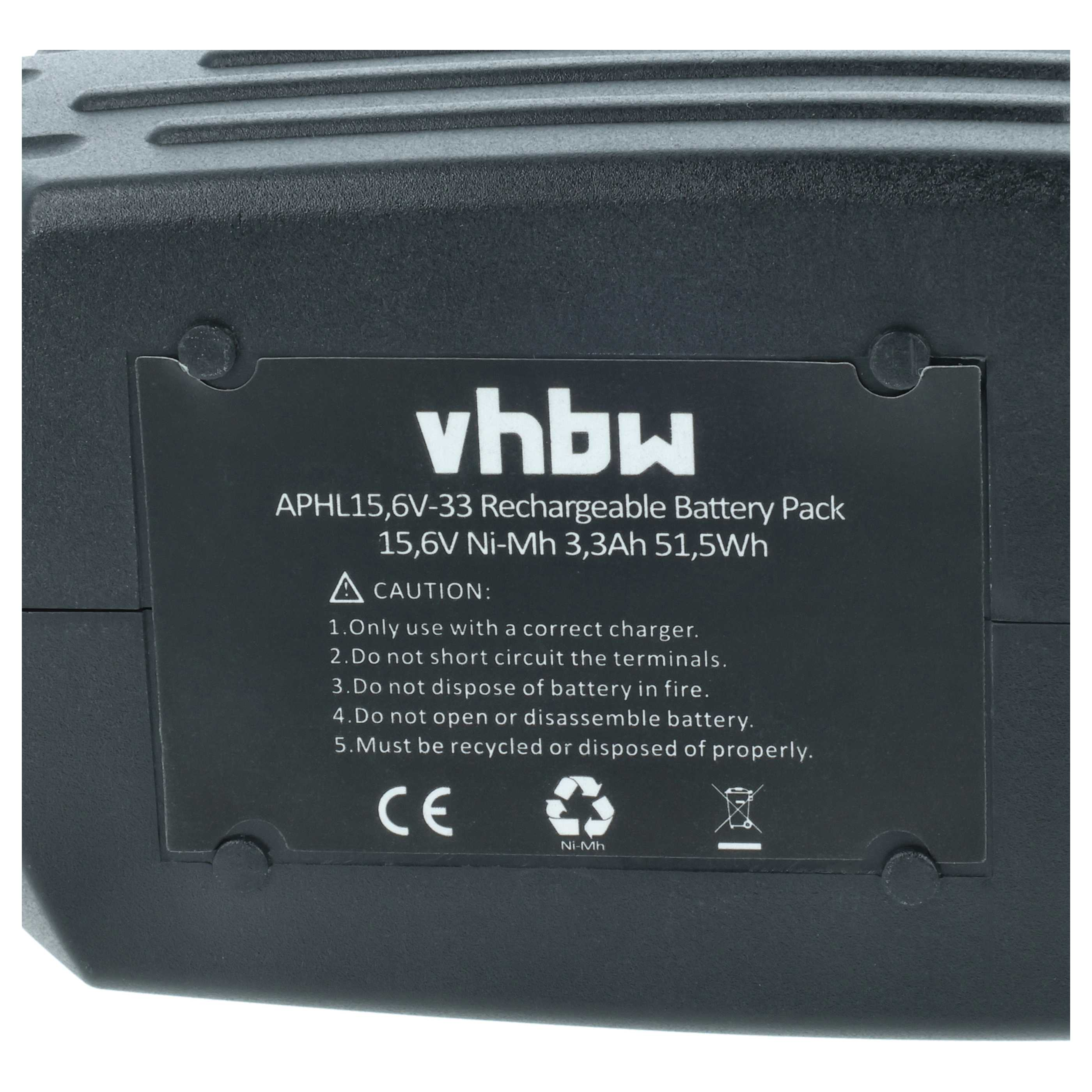 Schwarzer VHBW 15,6V Ni-MH Akku mit Warnhinweisen und CE-Kennzeichnung.