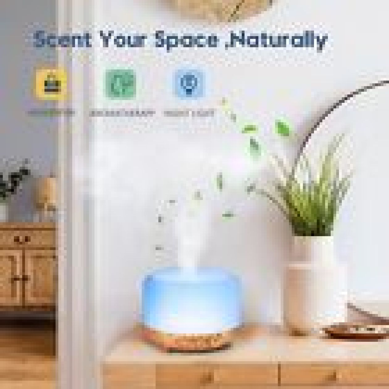 Ein Diffusor mit blauem Licht gibt Nebel ab. Ein hölzerner Schrank ist im Hintergrund.