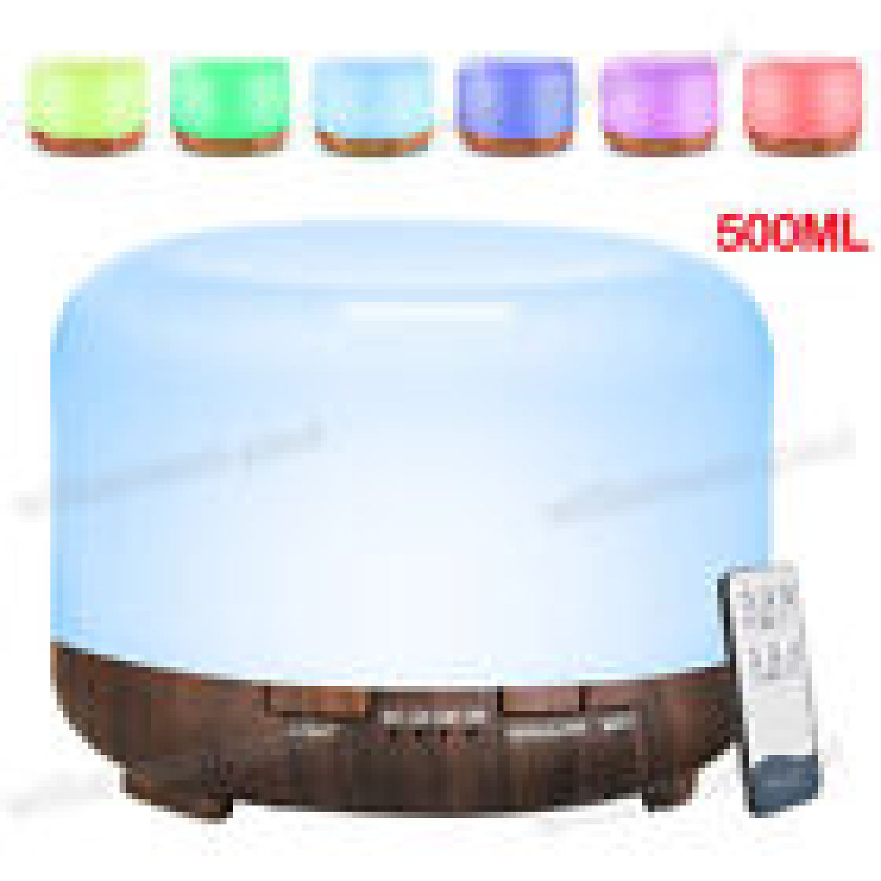 Ein diffuser mit Fernbedienung und sechs Lichtern: grün, blau, lila, rot.