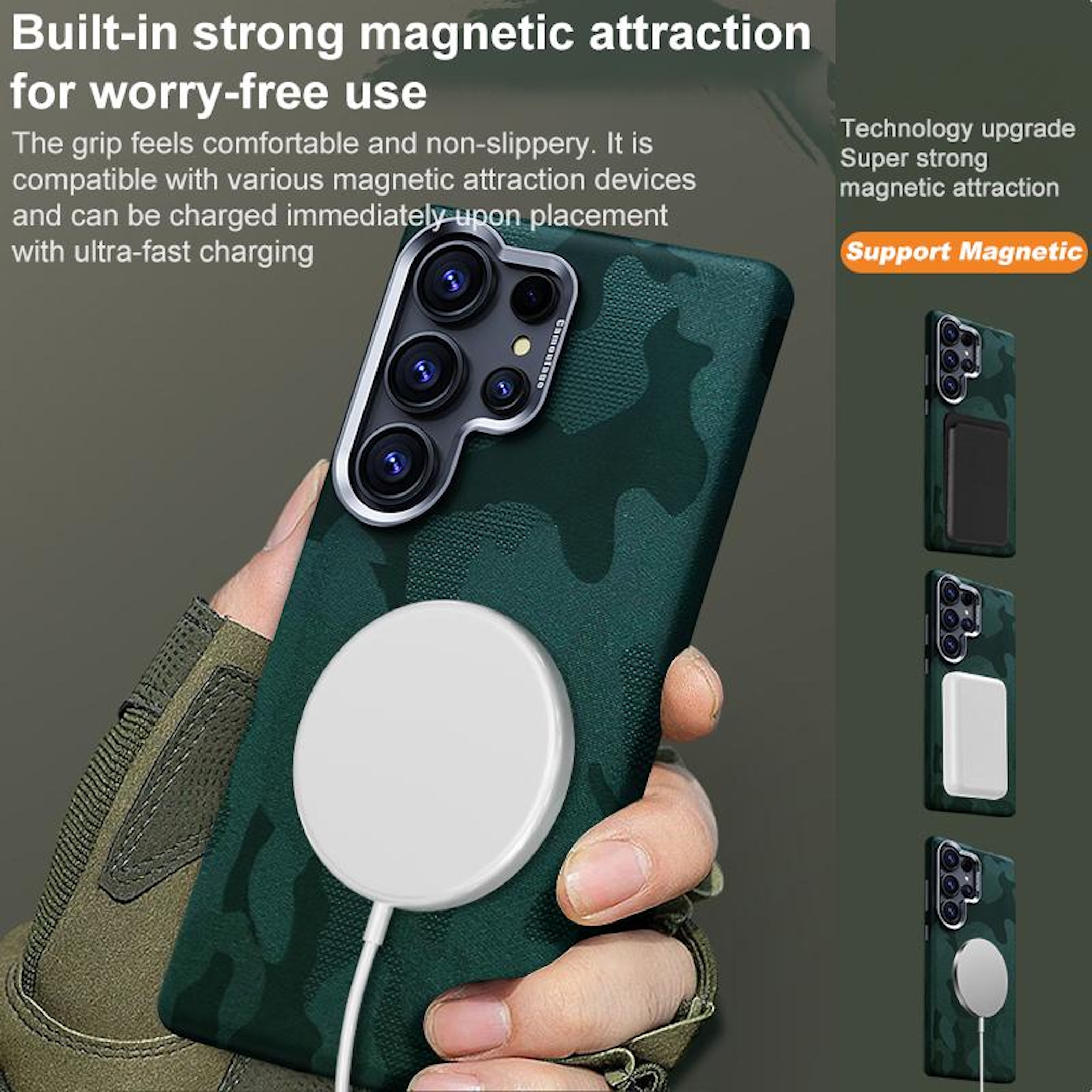 Grüne Camouflage-Handyhülle mit Magnetladegerät und Kameras. Hand hält die Hülle.