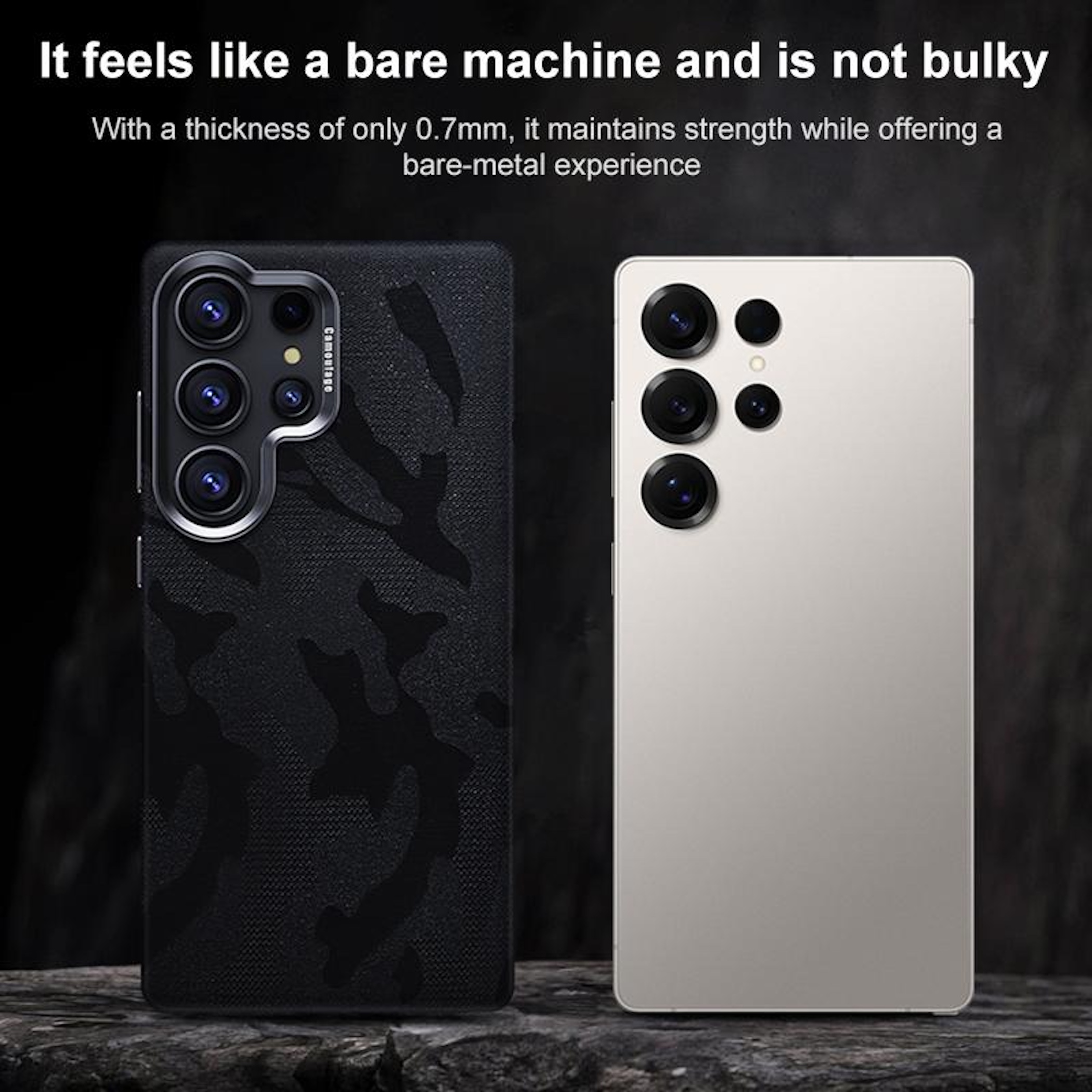 Ein schwarzes Handycover mit Tarnmuster und ein silbernes Handy.