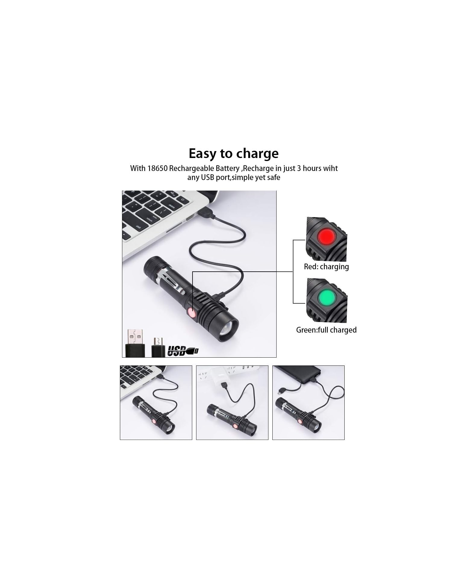 Schwarze Taschenlampe wird über USB an Laptop geladen, Ladeanzeigen rot/grün.