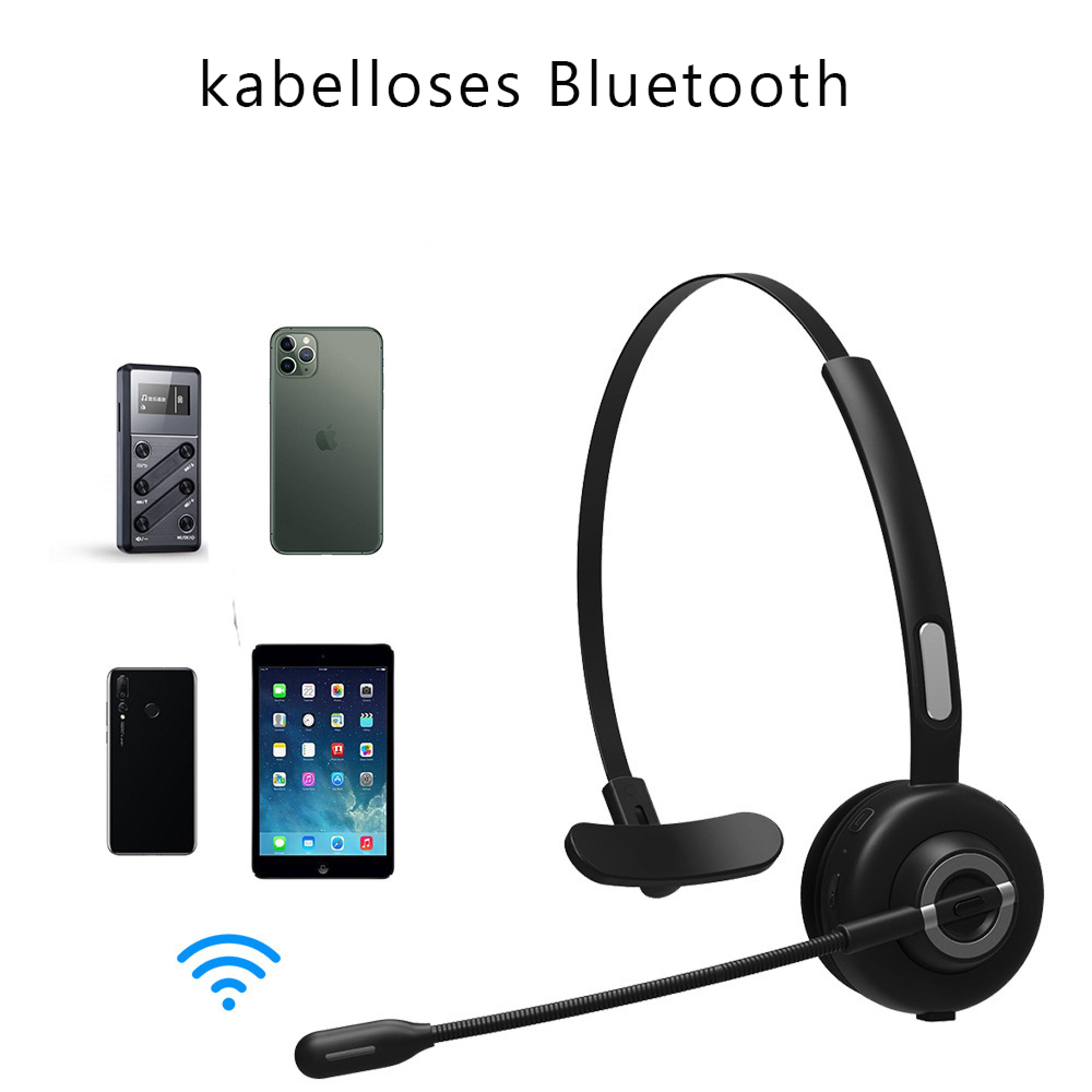 Ein schwarzes Headset mit Mikrofon, daneben ein Smartphone, ein iPhone und ein Tablet.