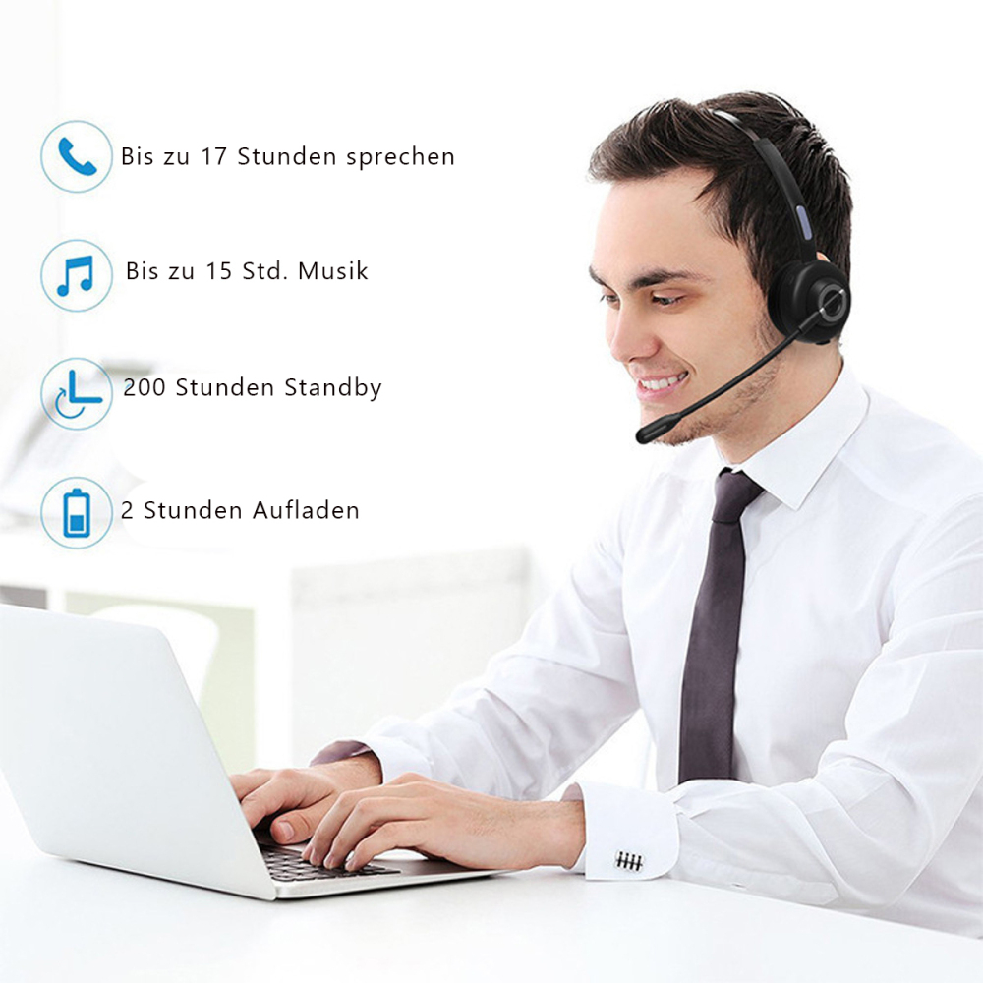 Mann mit Headset tippt auf Laptop; 17 Std. Sprechen, 15 Std. Musik.