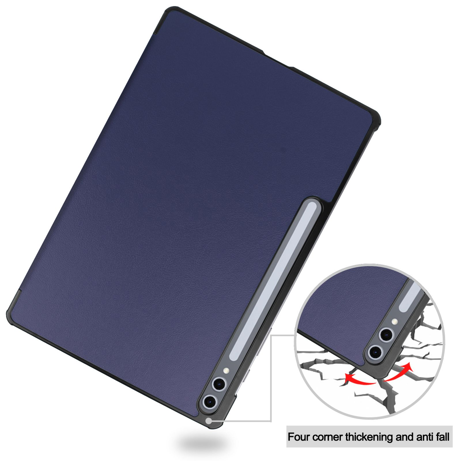 Tablet blu scuro con custodia protettiva, primo piano degli angoli.