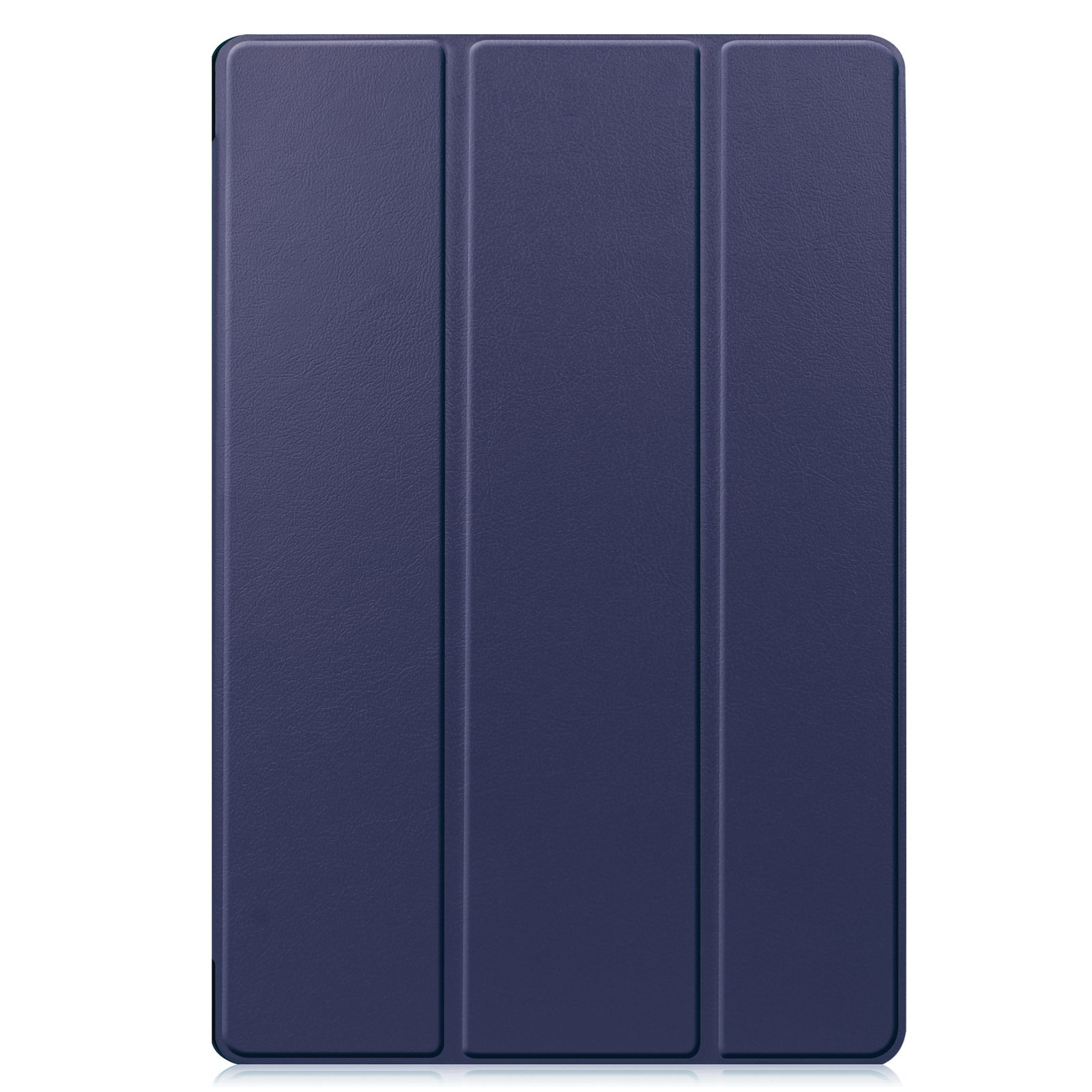 Copertina per tablet blu scuro con tre pieghe verticali, texture in pelle.