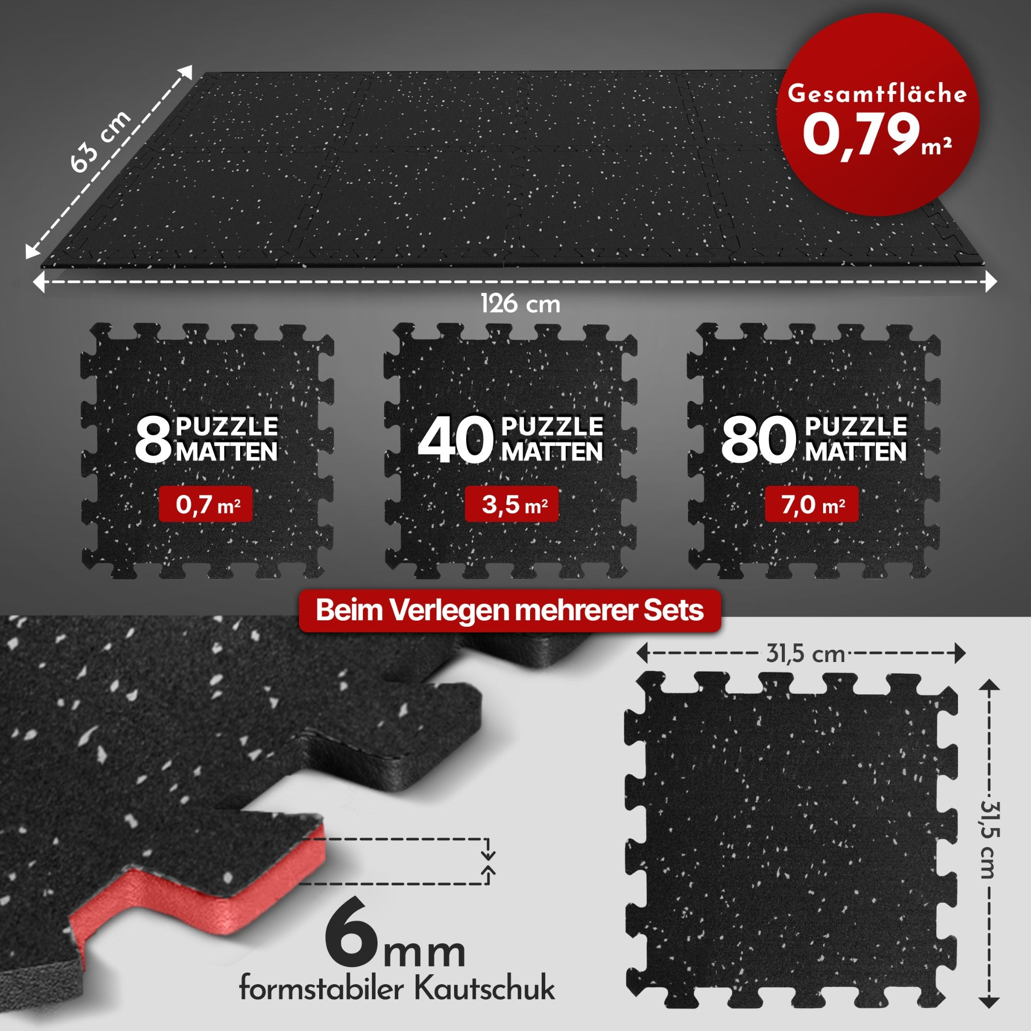 Schwarze Puzzlematten mit weißen Sprenkeln, 6mm dick, 31,5cm groß.