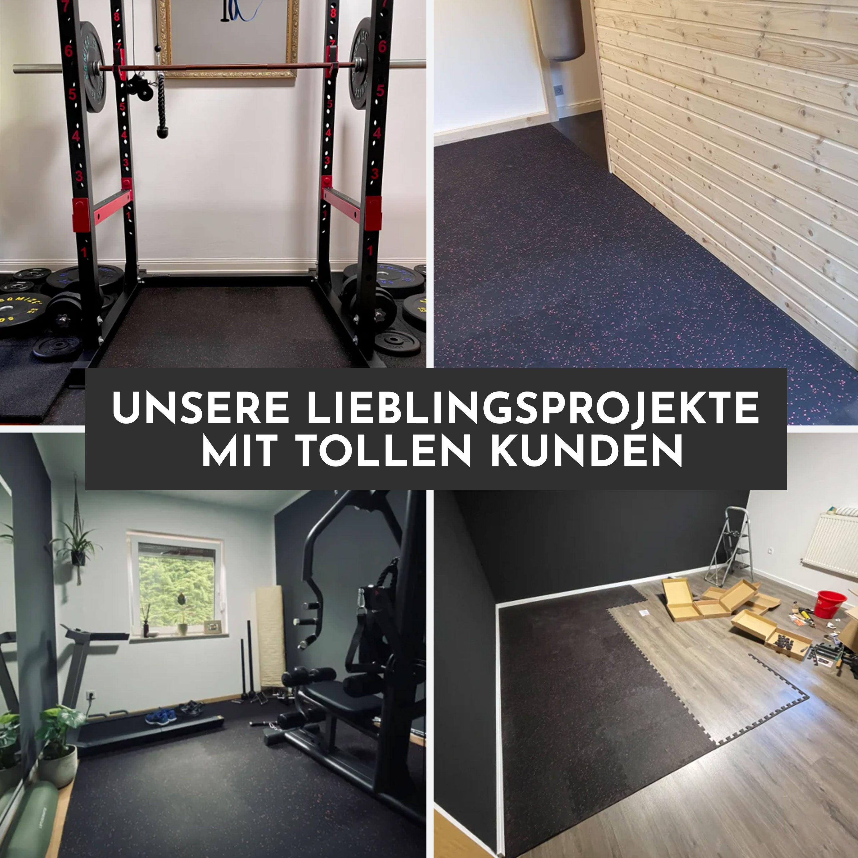 Vier Bilder zeigen Fitnessstudios mit Hanteln, Gewichten und Trainingsgeräten.