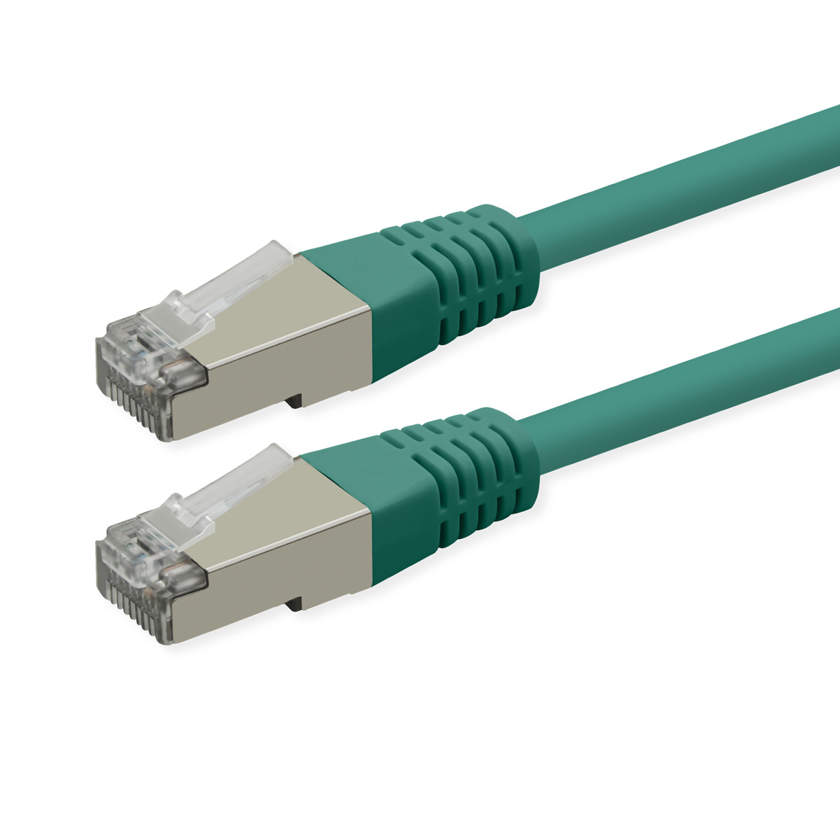 Zwei grüne Ethernet-Kabel mit silbernen Steckern auf weißem Hintergrund.