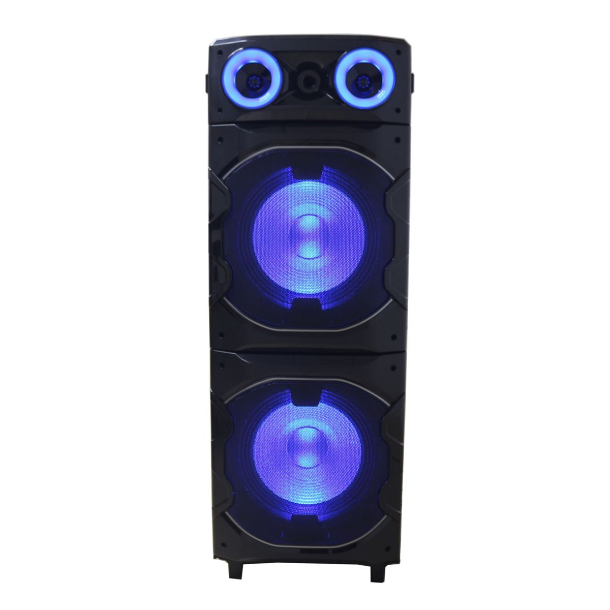 Ein schwarzer Turm-Lautsprecher mit blauen Lichtern leuchtet.