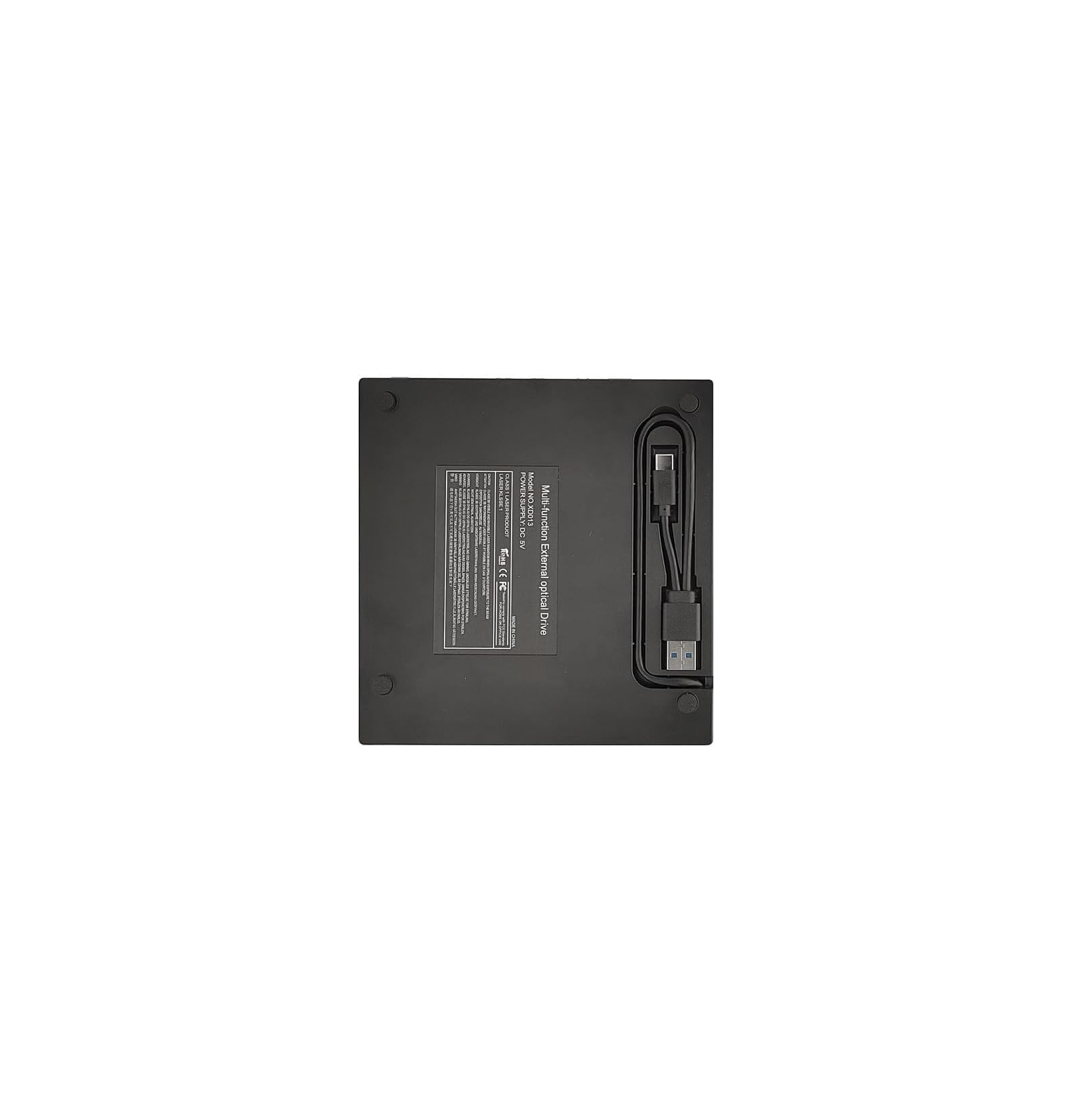 Schwarzes externes optisches Laufwerk mit USB-Kabel, Beschriftung auf der Unterseite.