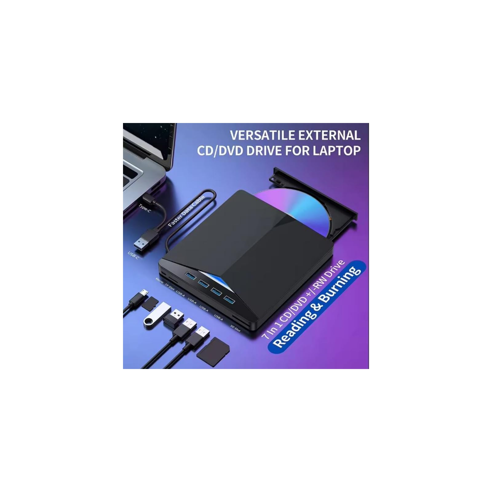 Externes CD/DVD-Laufwerk für Laptops mit USB-C, mehreren USB-A-Anschlüssen und SD-Kartenslots.