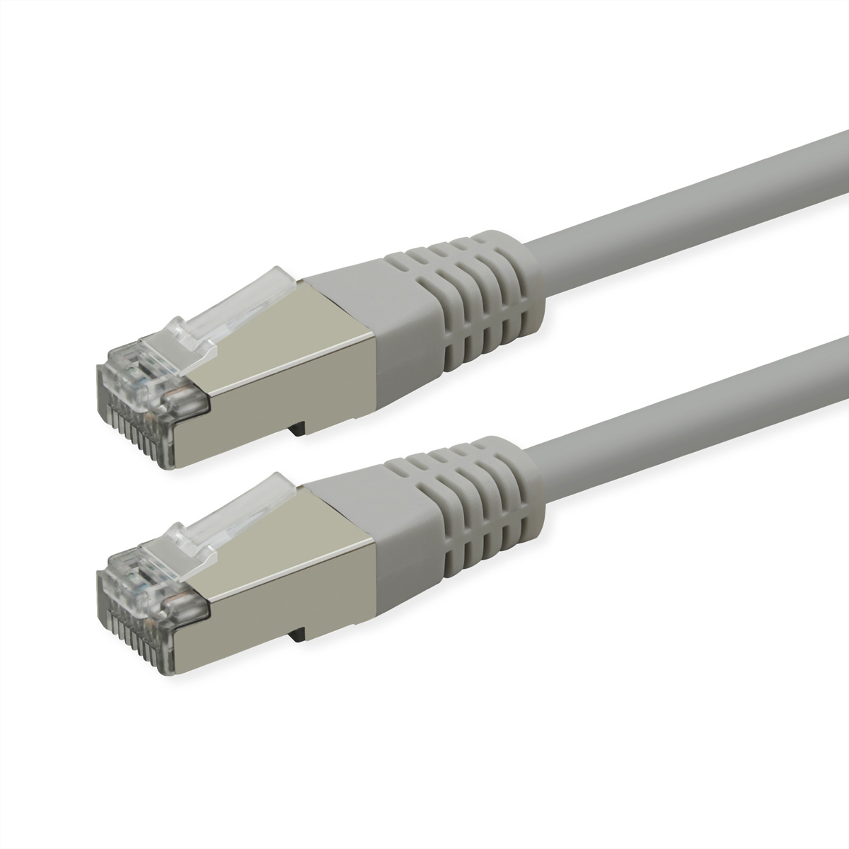 Zwei graue Netzwerkkabel mit silbernen Steckern liegen nebeneinander.