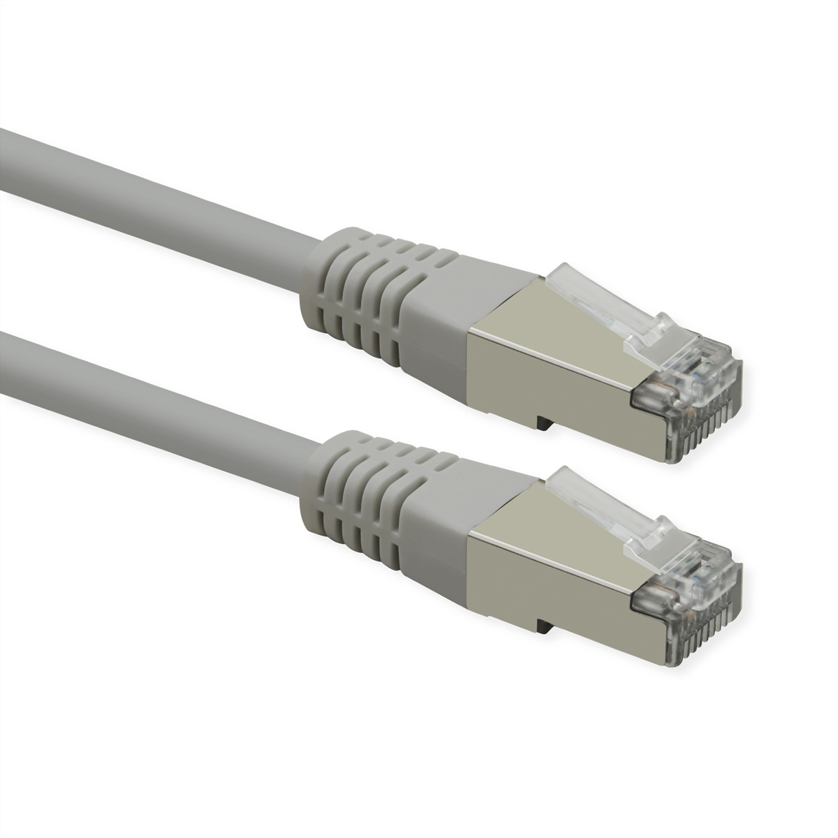 Zwei graue Ethernet-Kabel mit silbernen Steckern liegen nebeneinander.